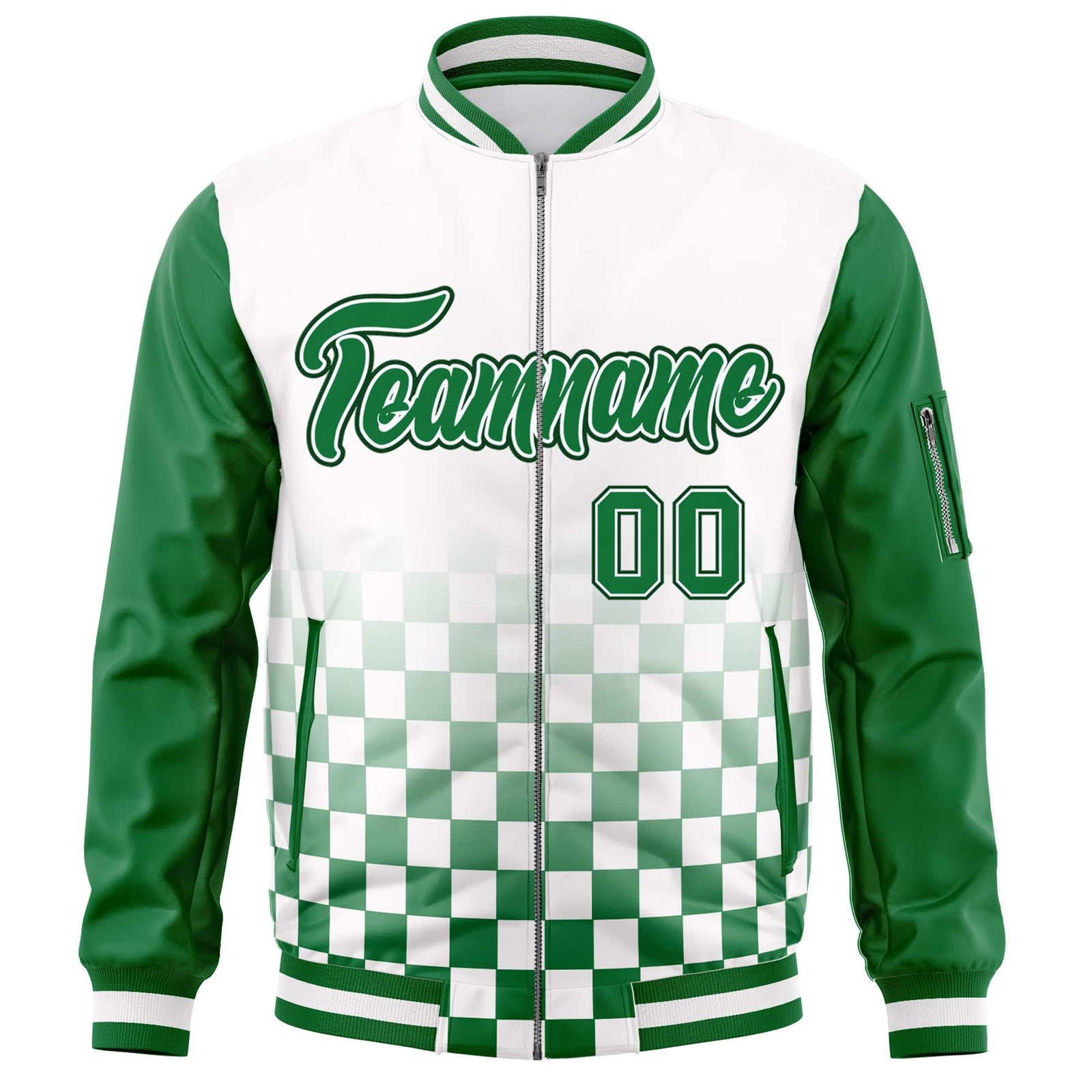 Custom White Green Grid Varsity Full-Zip Color Block Letterman Raglan Sleeve Jacket