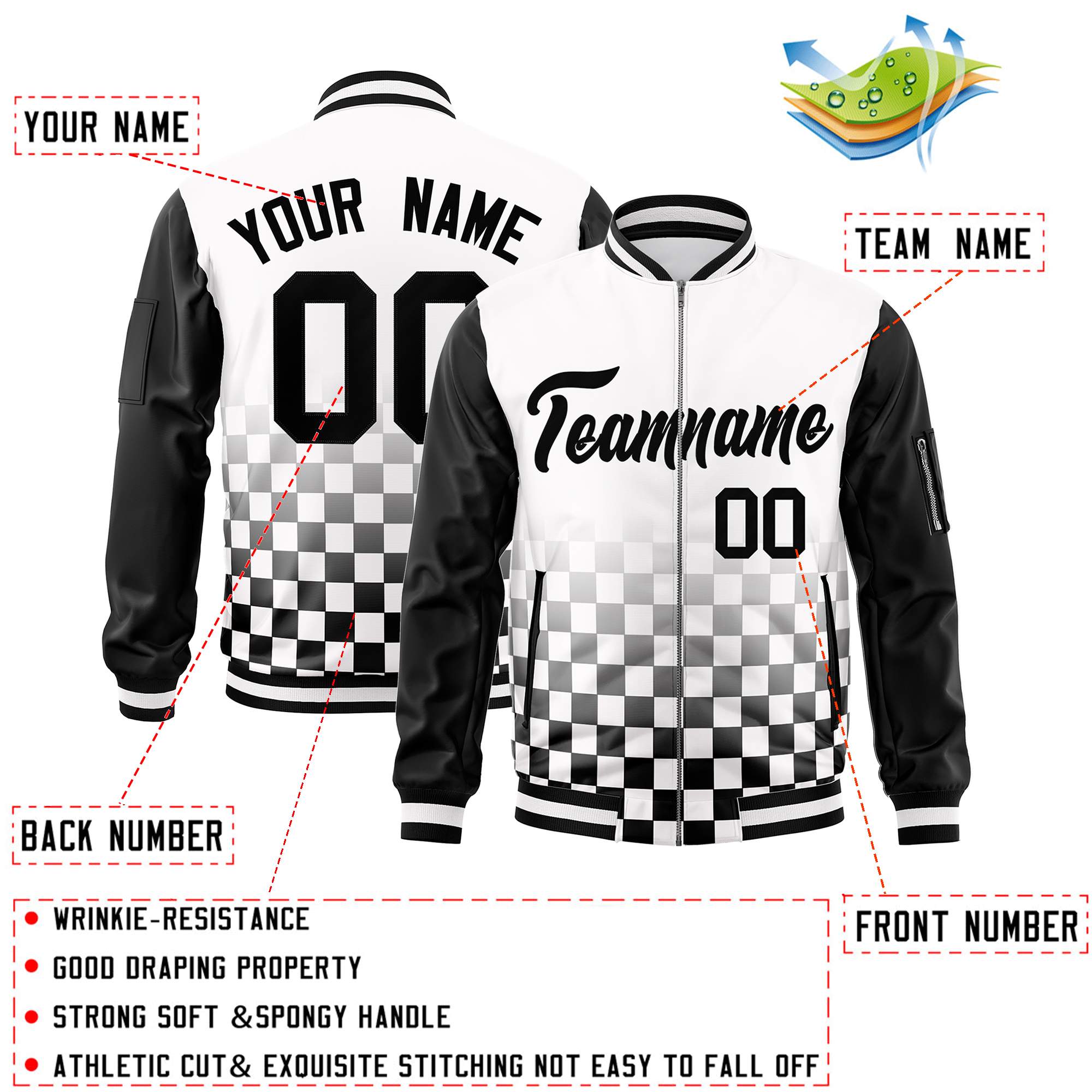 Custom White Black Grid Varsity Full-Zip Color Block Letterman Raglan Sleeve Jacket