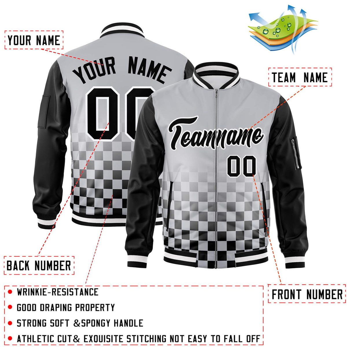 Custom Gray Black-White Grid Varsity Full-Zip Color Block Letterman Raglan Sleeve Jacket