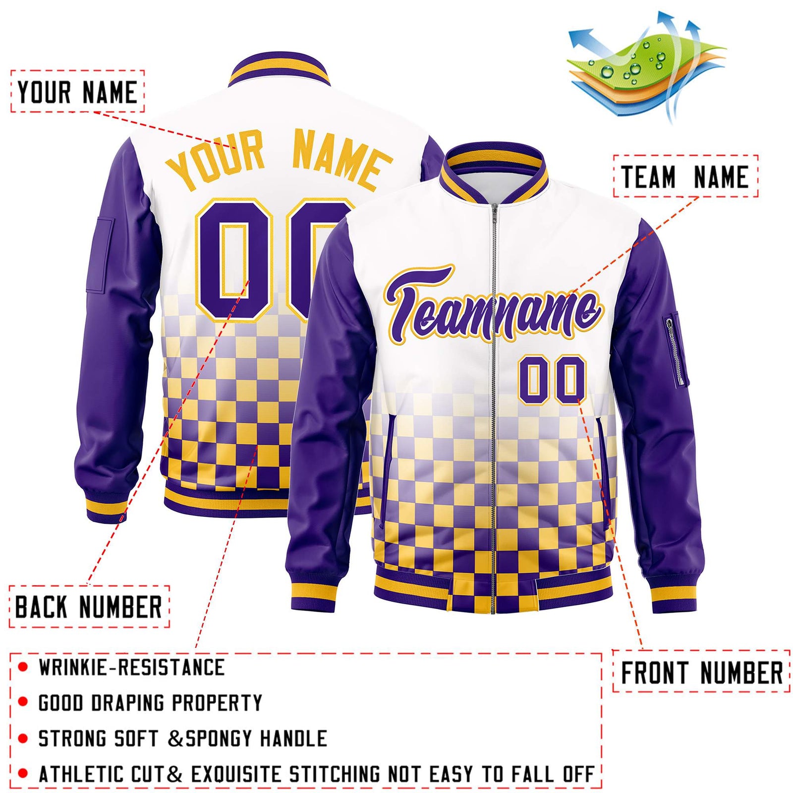 Custom White Purple-Gold Grid Varsity Full-Zip Color Block Letterman Raglan Sleeve Jacket