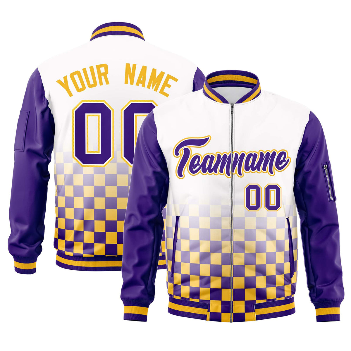 Custom White Purple-Gold Grid Varsity Full-Zip Color Block Letterman Raglan Sleeve Jacket