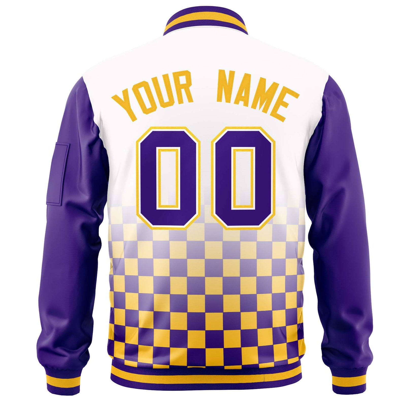 Custom White Purple-Gold Grid Varsity Full-Zip Color Block Letterman Raglan Sleeve Jacket