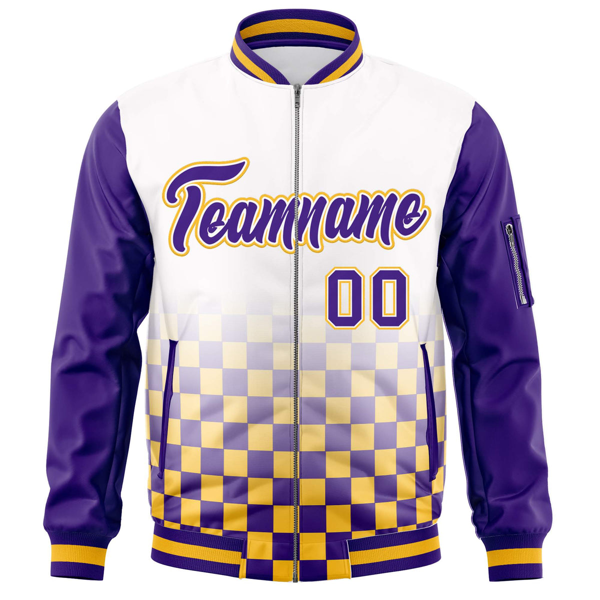 Custom White Purple-Gold Grid Varsity Full-Zip Color Block Letterman Raglan Sleeve Jacket