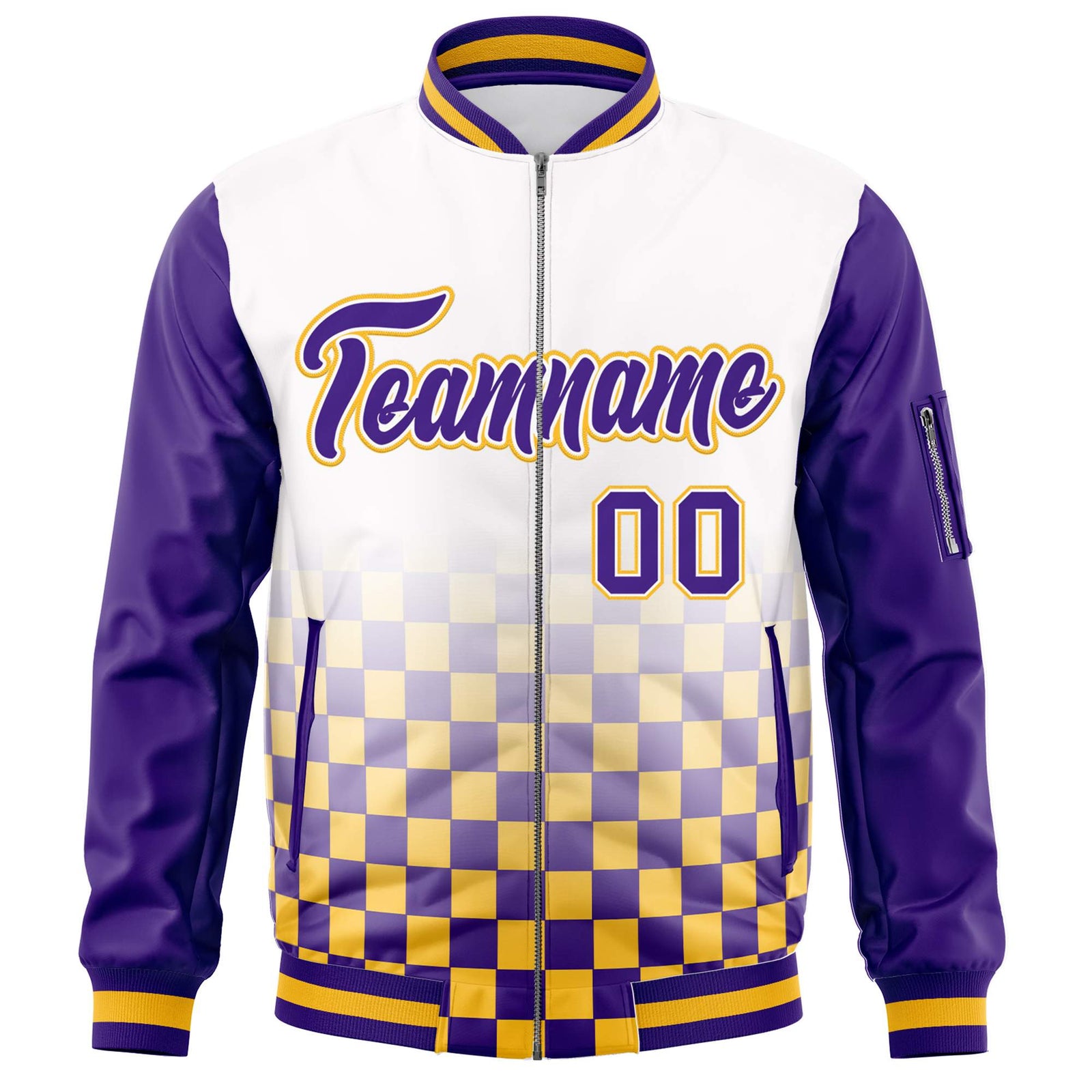 Custom White Purple-Gold Grid Varsity Full-Zip Color Block Letterman Raglan Sleeve Jacket