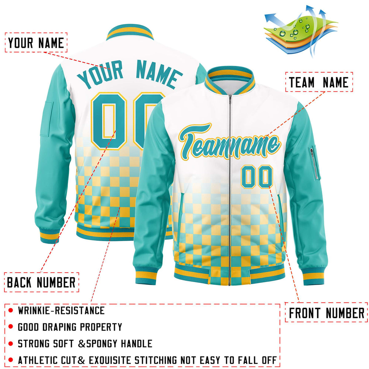 Custom White Aqua-Gold Grid Varsity Full-Zip Color Block Letterman Raglan Sleeve Jacket
