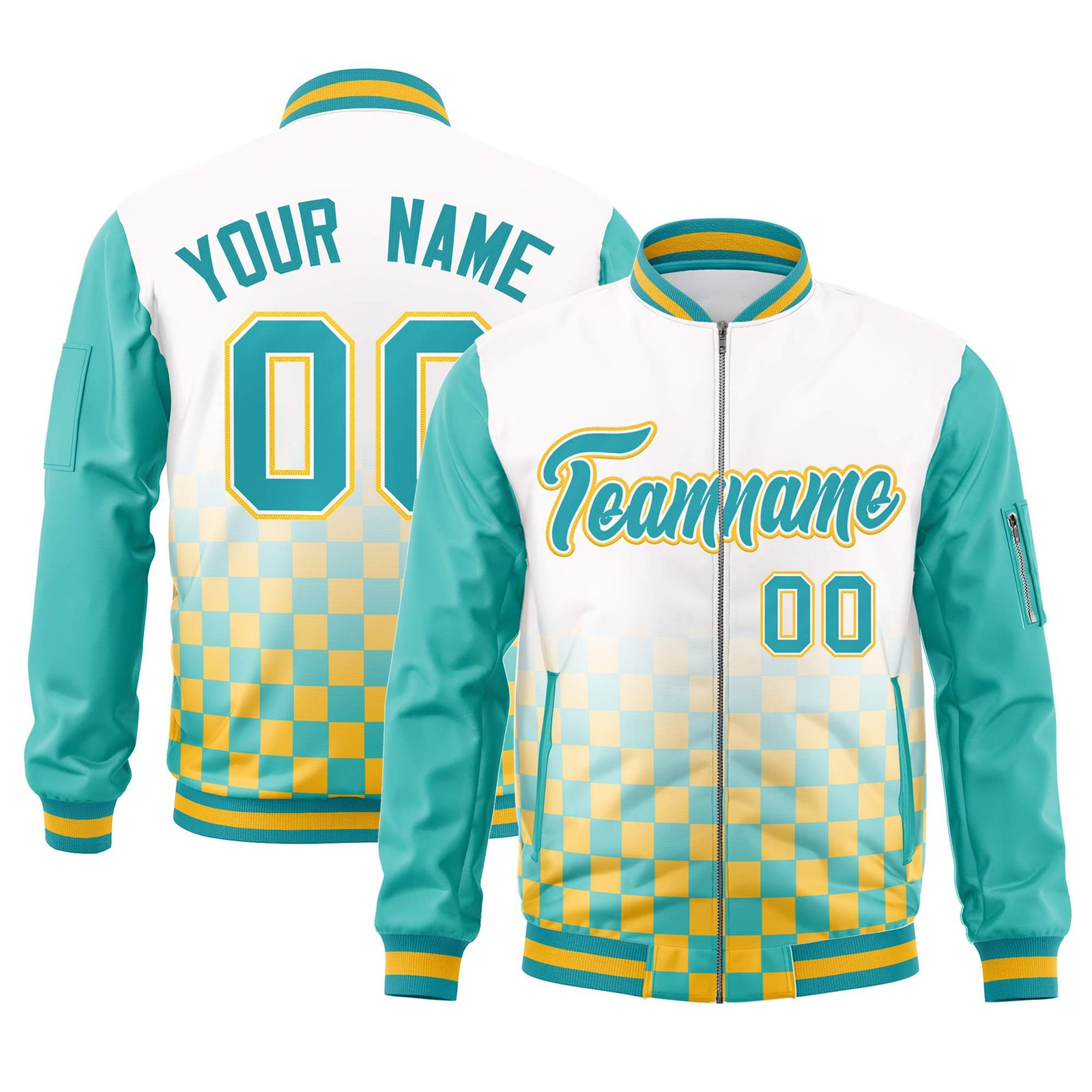 Custom White Aqua-Gold Grid Varsity Full-Zip Color Block Letterman Raglan Sleeve Jacket