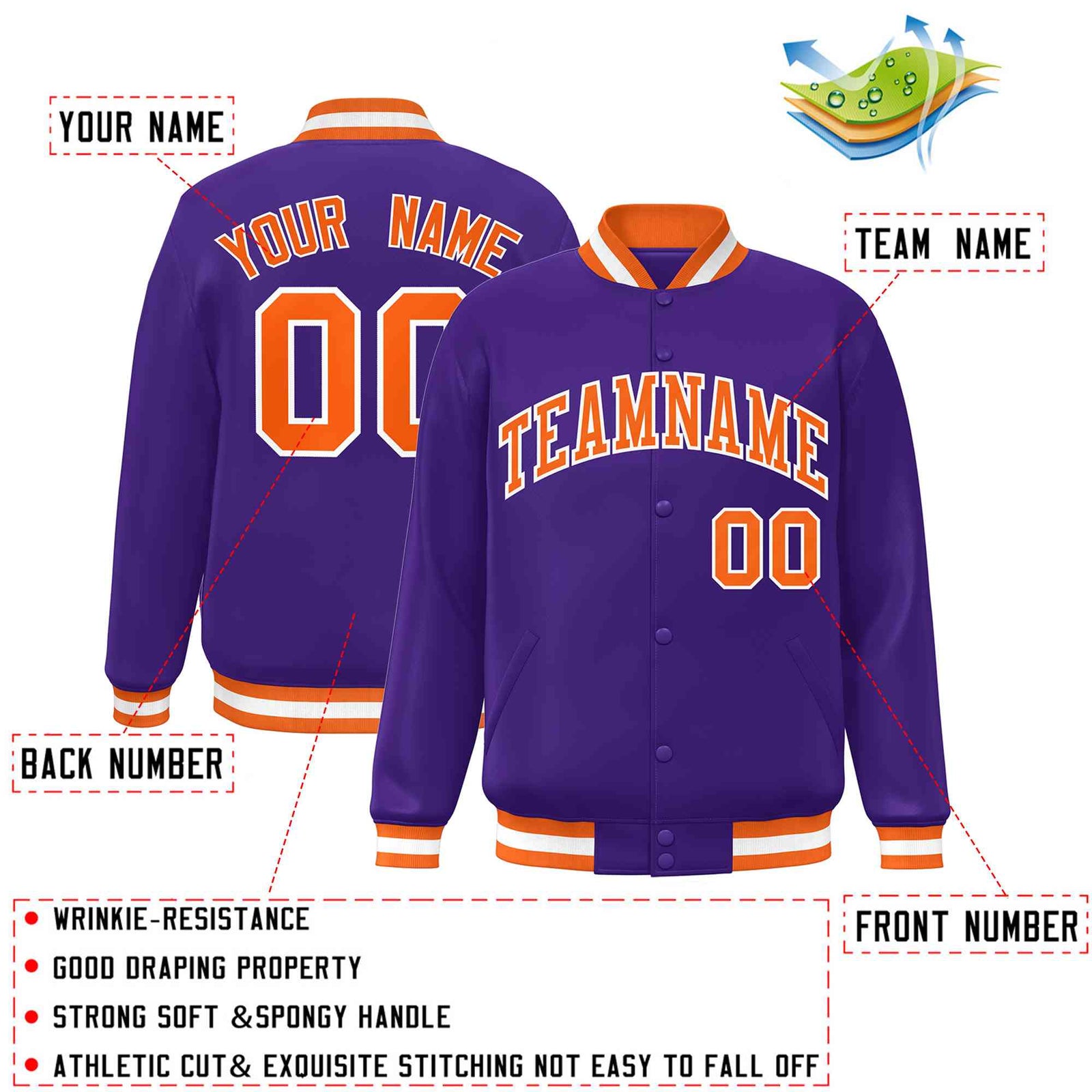 Custom Purple Orange-White Classic Style Varsity Full-Snap Letterman Jacket