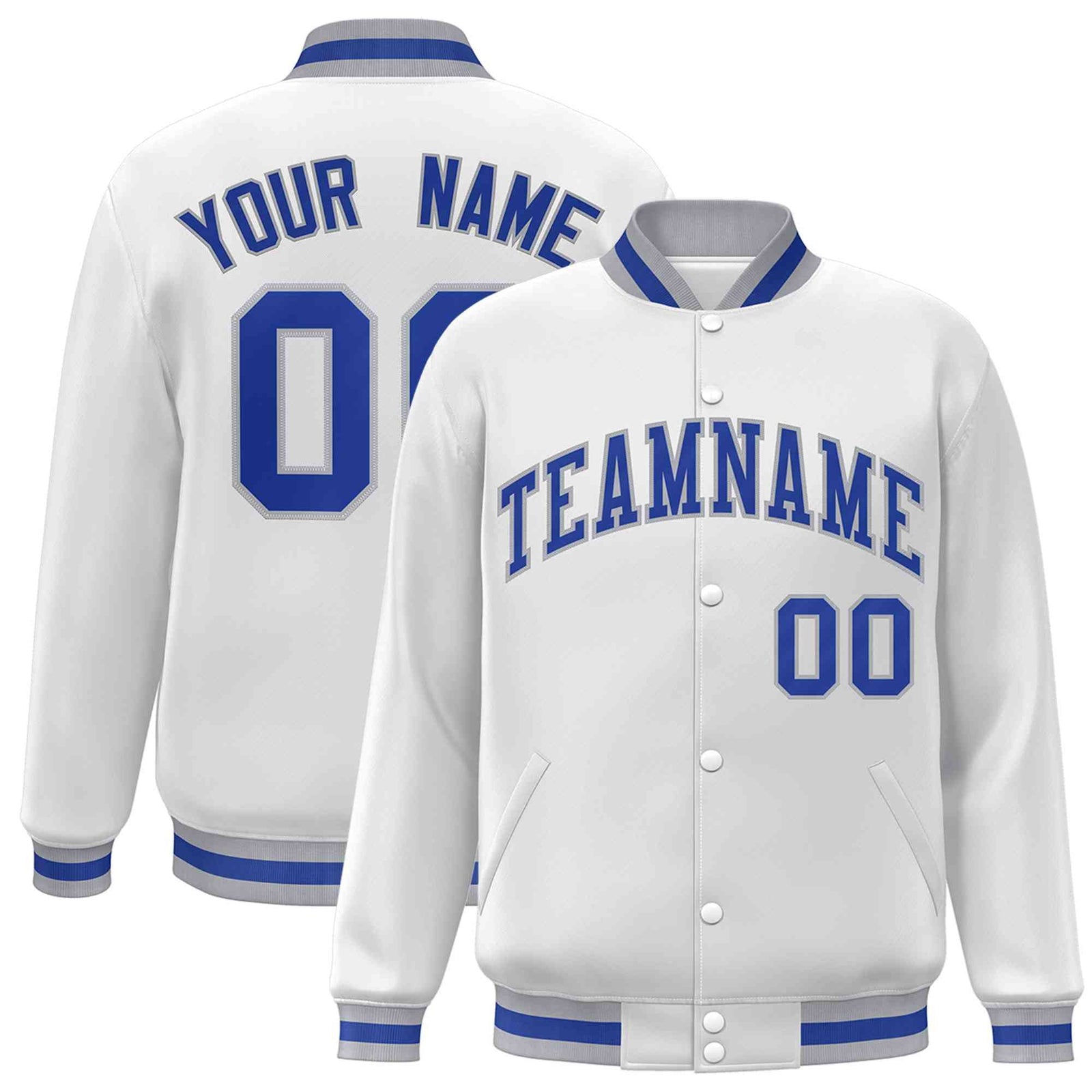 Custom White Royal-Gray Classic Style Varsity Full-Snap Letterman Jacket