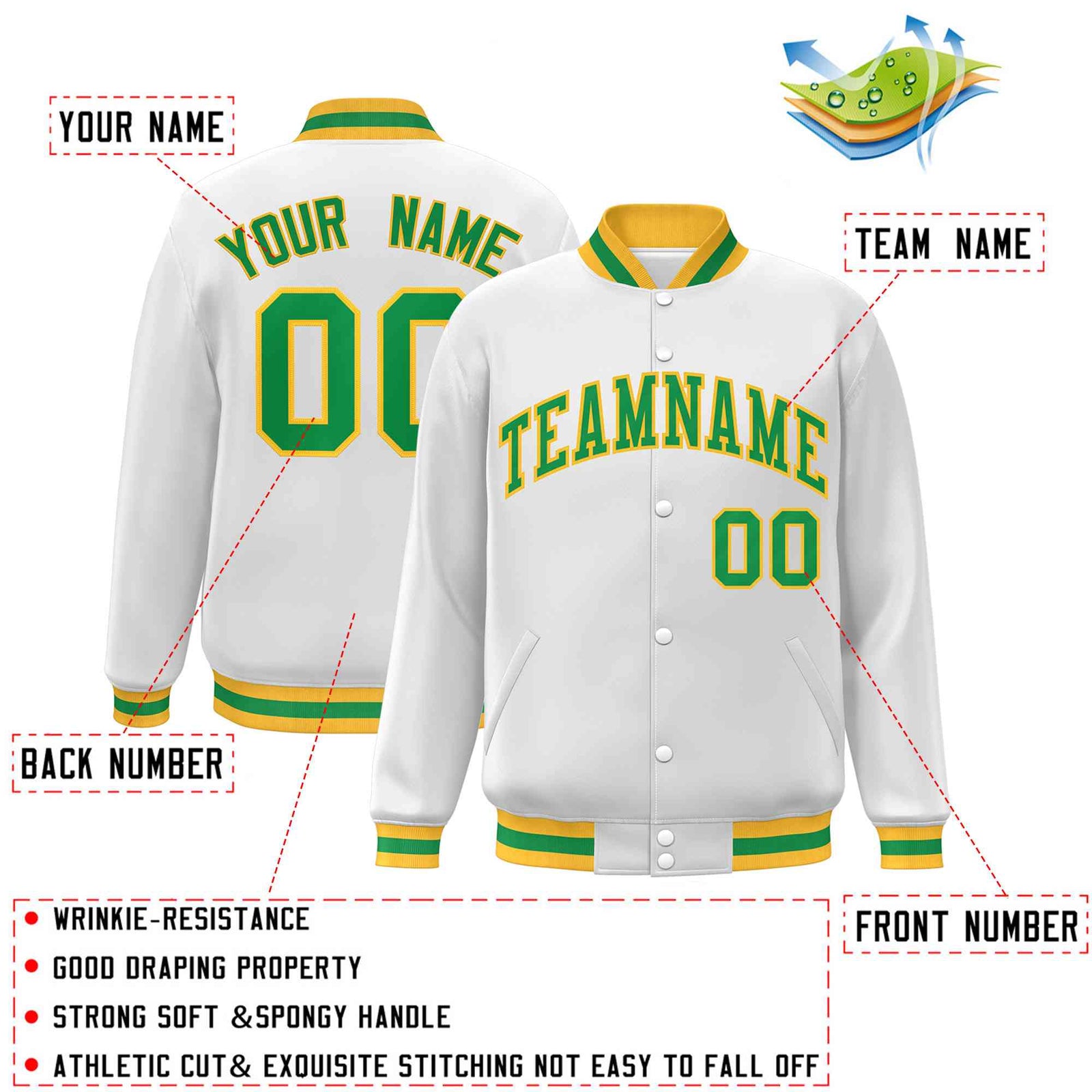 Custom White Green-Gold Classic Style Varsity Full-Snap Letterman Jacket