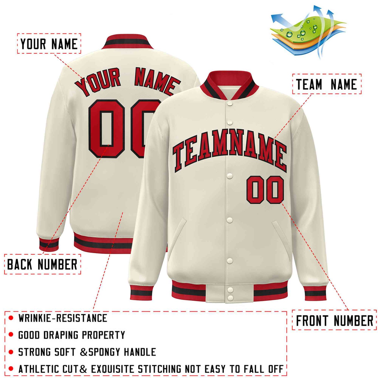 Custom Khaki Red-Black Classic Style Varsity Full-Snap Letterman Jacket
