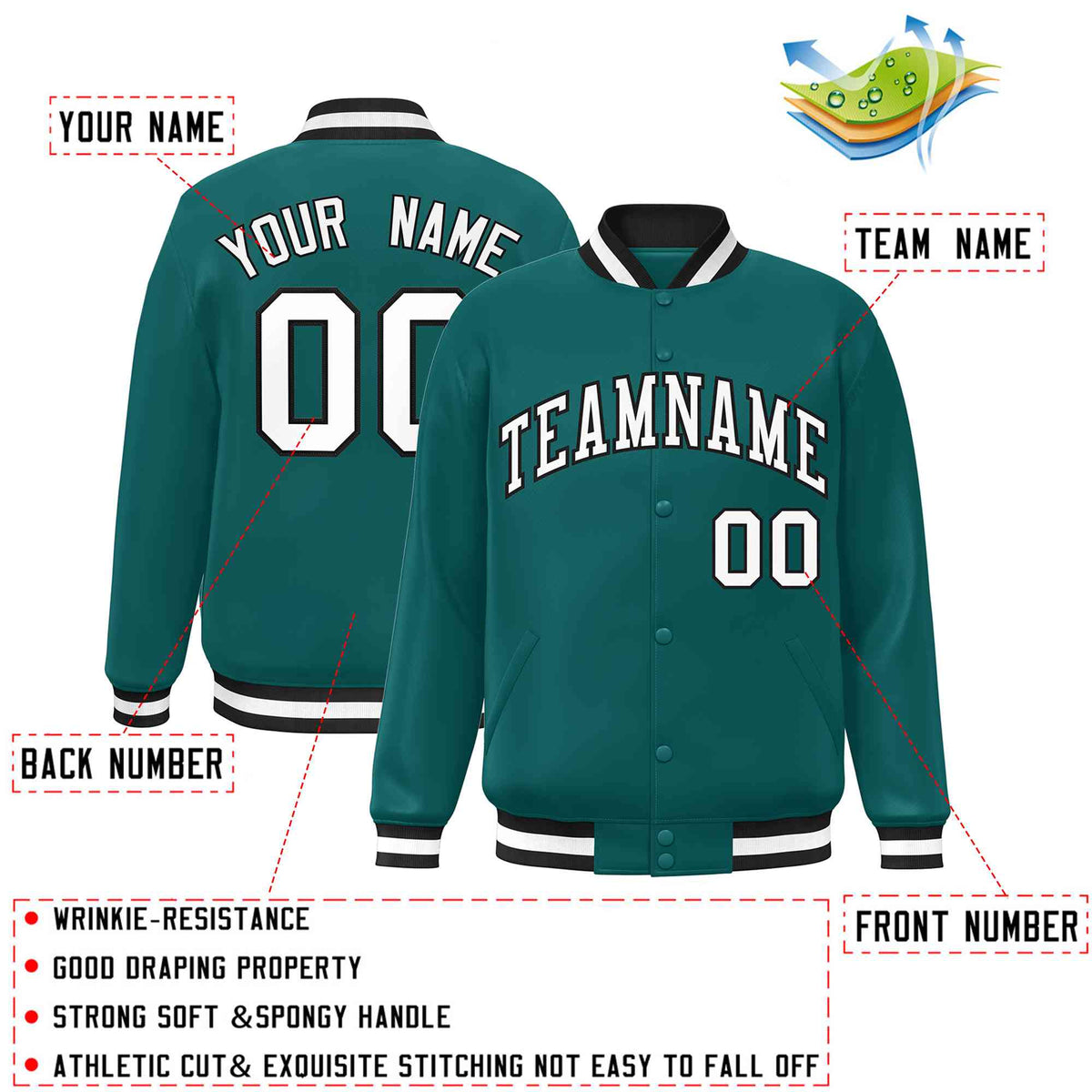 Custom Aqua White-Black Classic Style Varsity Full-Snap Letterman Jacket