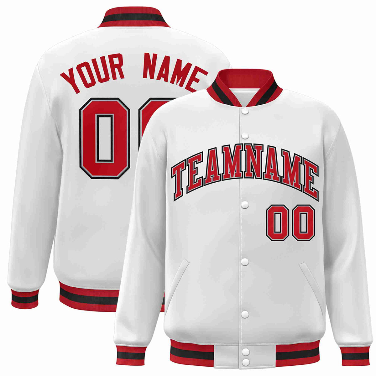 Custom White Red-Gray Classic Style Varsity Full-Snap Letterman Jacket