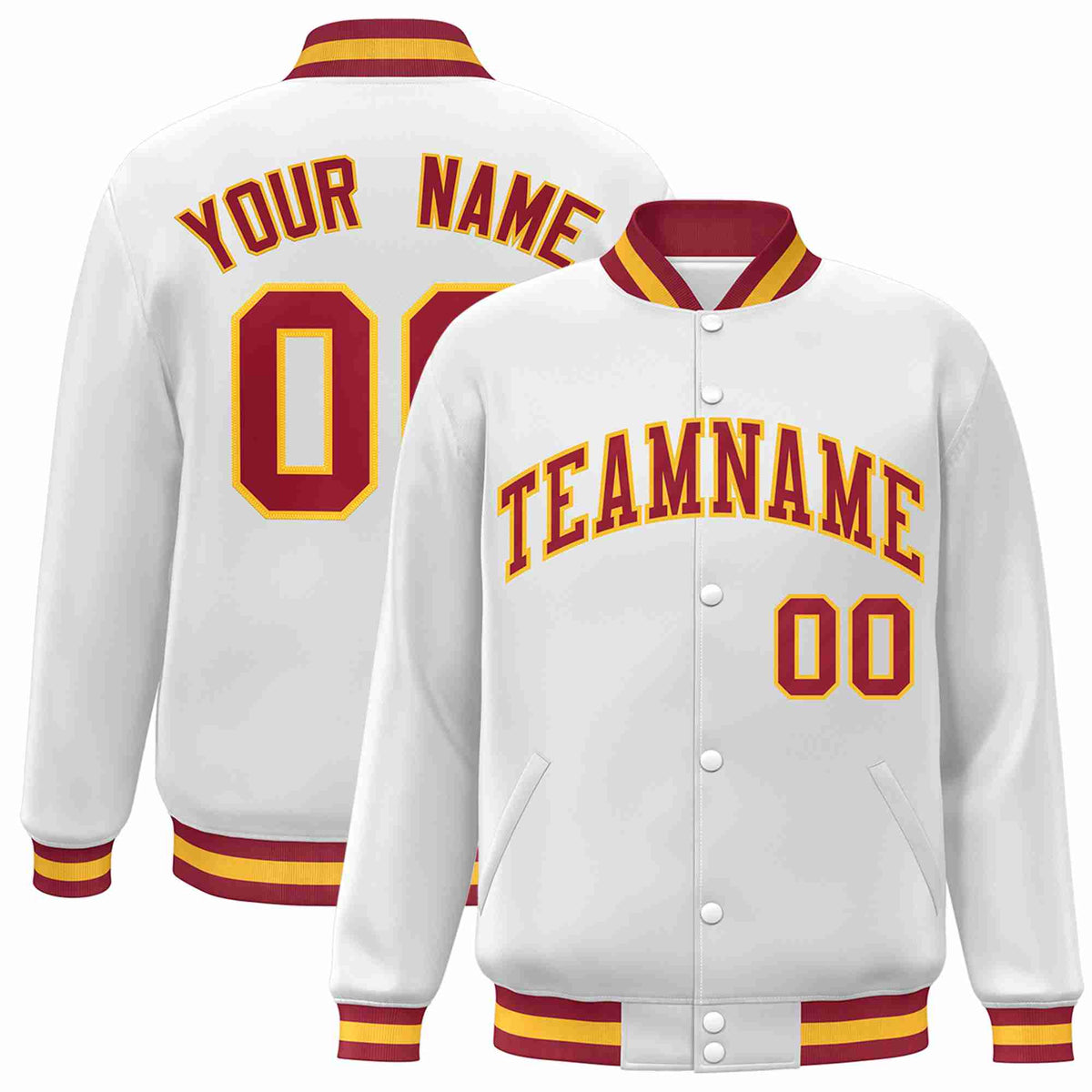 Custom White Crimson-Gold Classic Style Varsity Full-Snap Letterman Jacket