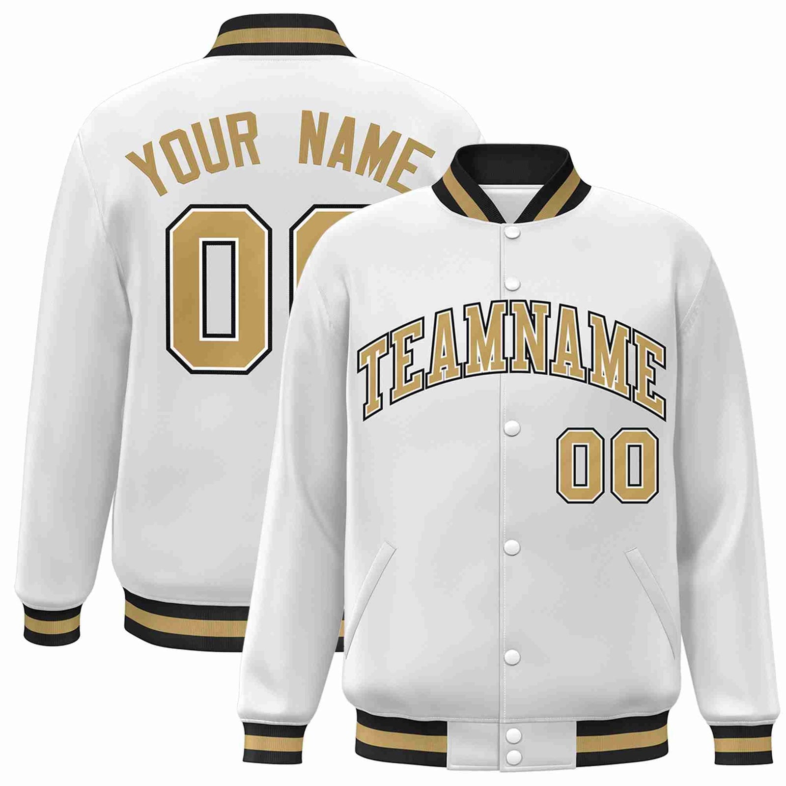 Custom White Old Gold-White Classic Style Varsity Full-Snap Letterman Jacket