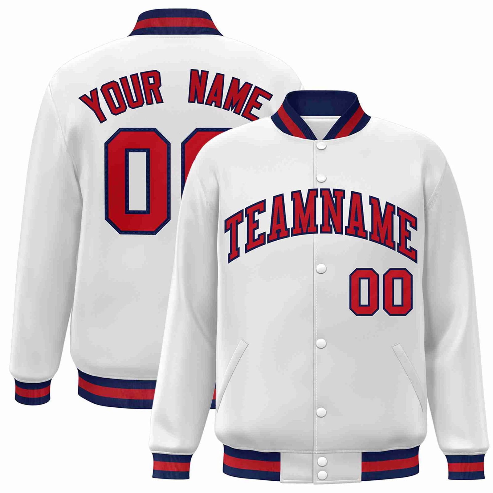 Custom White Red-Navy Classic Style Varsity Full-Snap Letterman Jacket