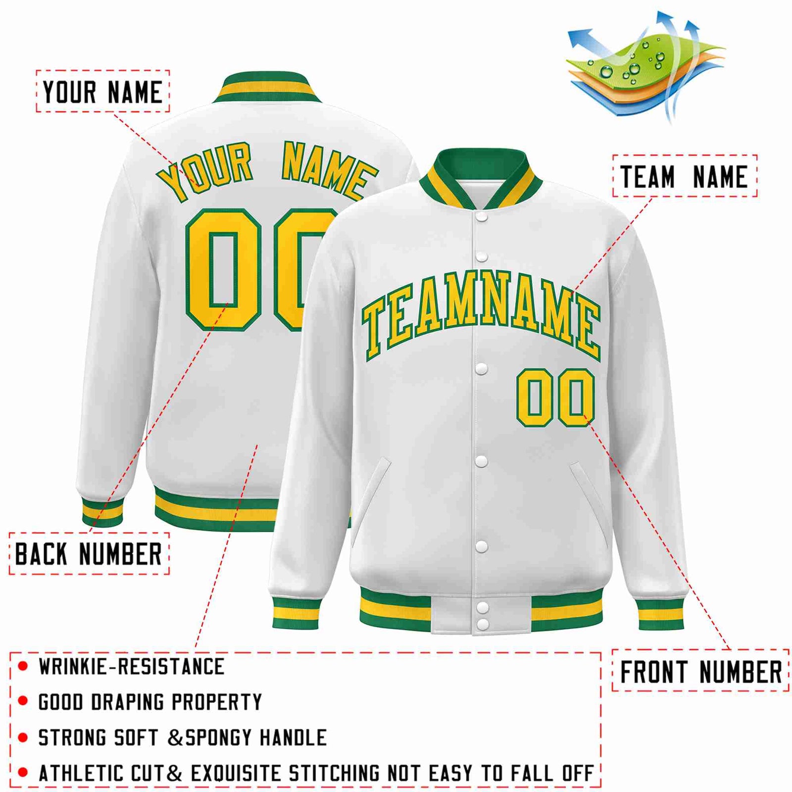 Custom White Gold-Green Classic Style Varsity Full-Snap Letterman Jacket