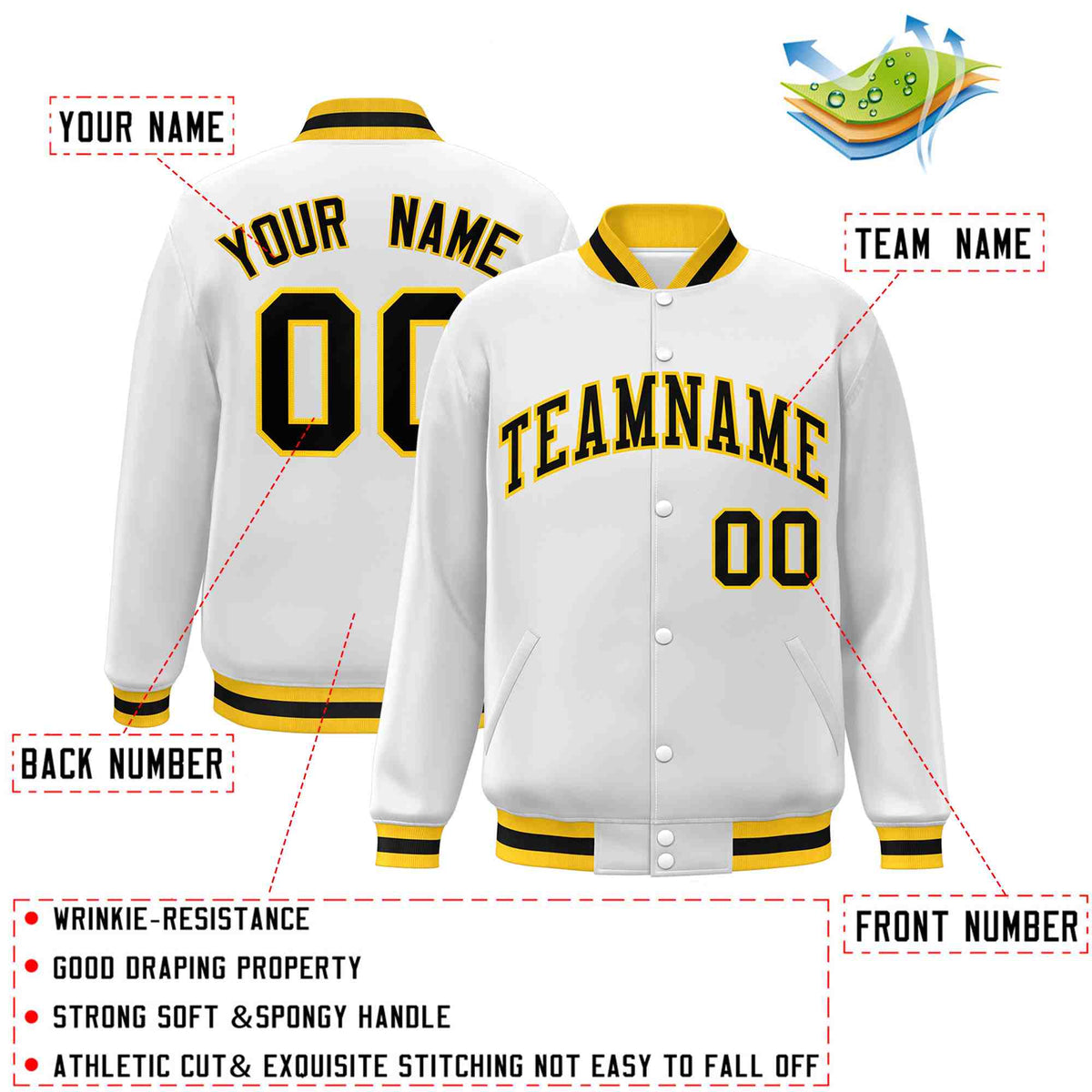 Custom White Black-Gold Classic Style Varsity Full-Snap Letterman Jacket