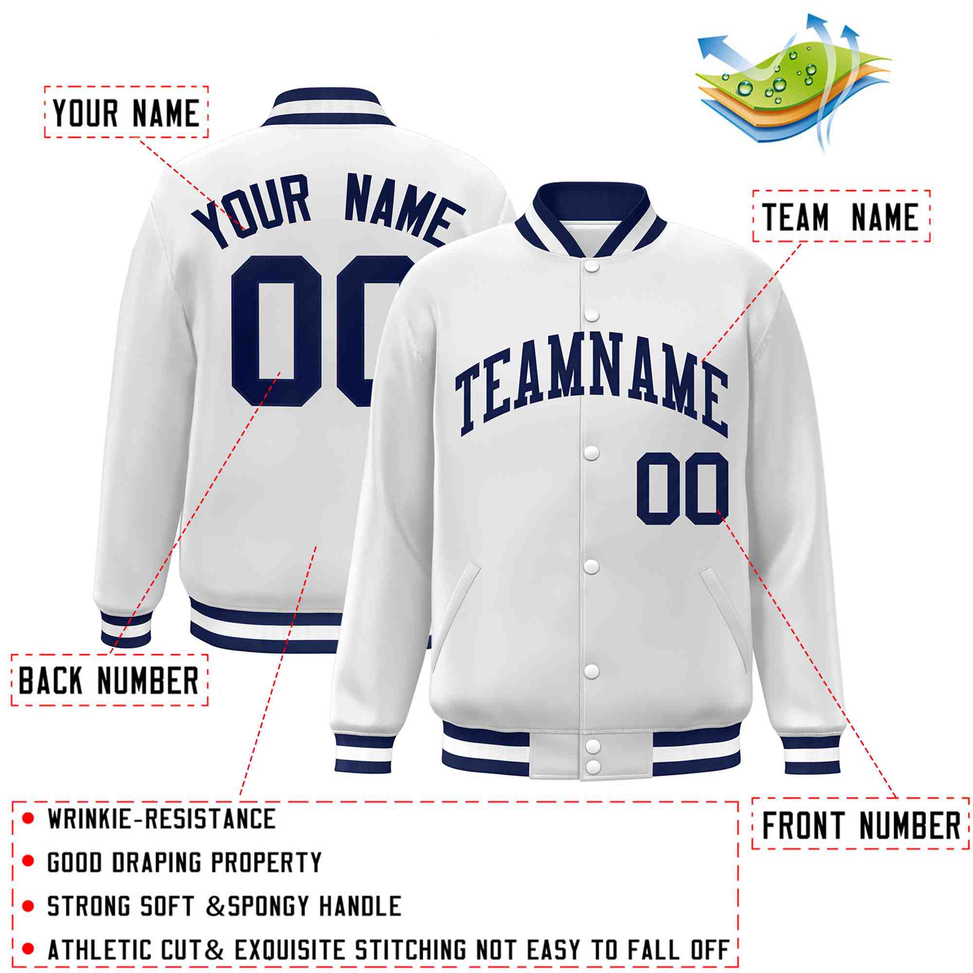 Custom White Navy Classic Style Varsity Full-Snap Letterman Jacket