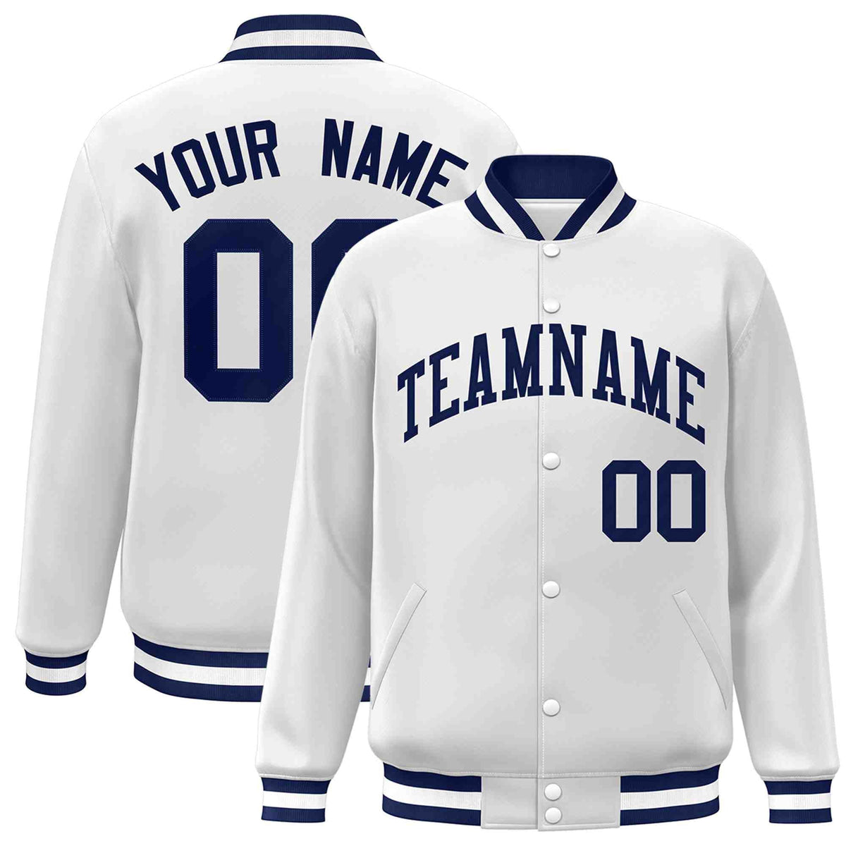 Custom White Navy Classic Style Varsity Full-Snap Letterman Jacket