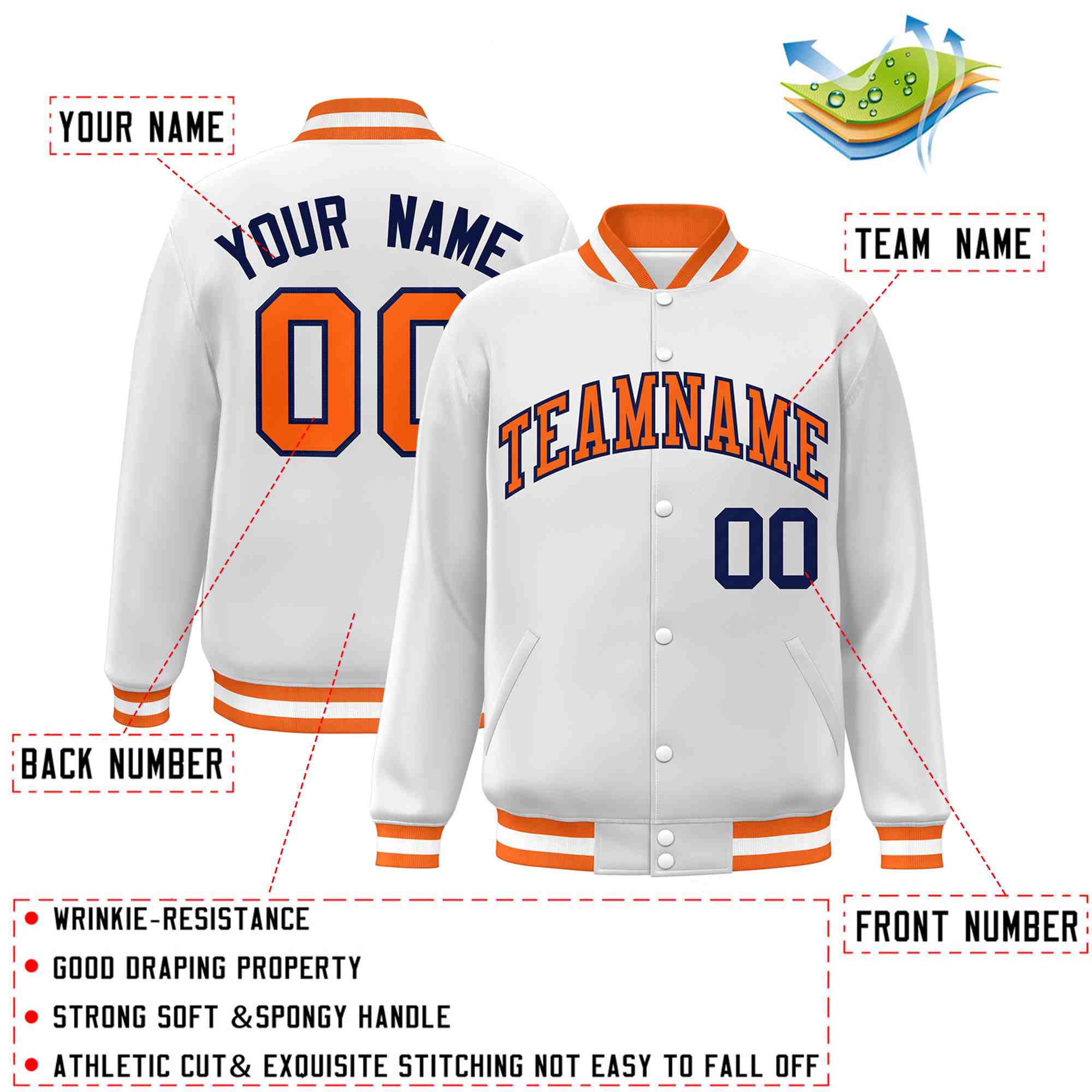 Custom White Orange-Navy Classic Style Varsity Full-Snap Letterman Jacket