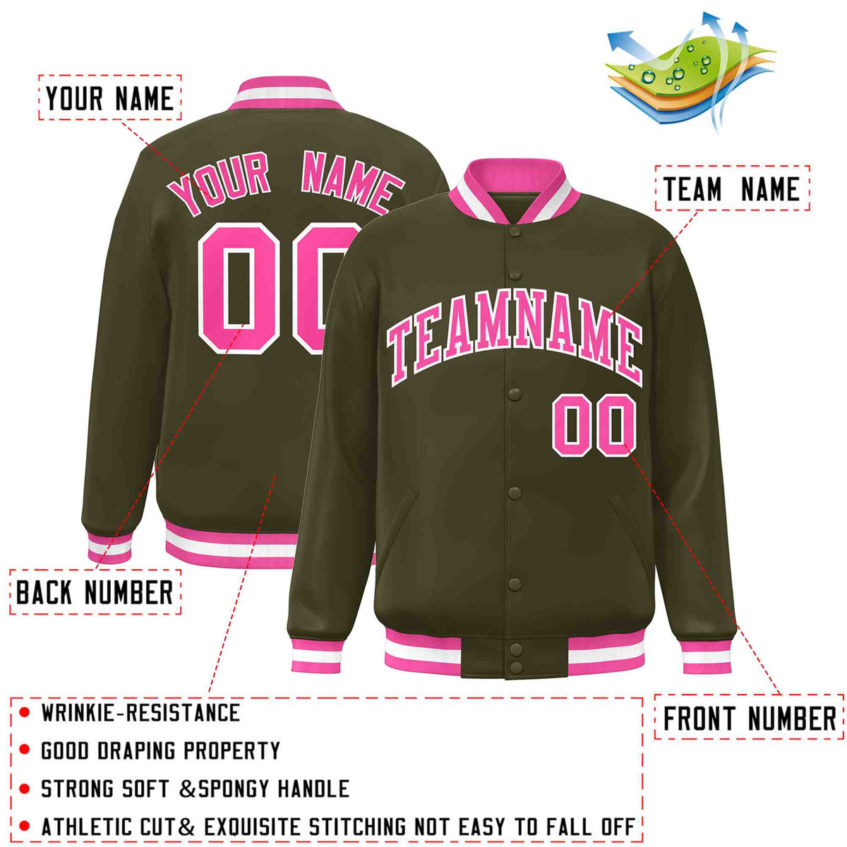 Custom Olive Pink-White Classic Style Varsity Full-Snap Letterman Jacket