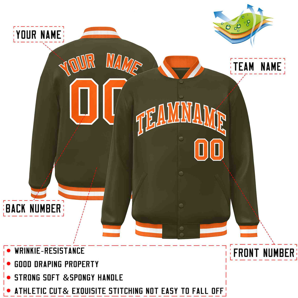 Custom Olive Orange-White Classic Style Varsity Full-Snap Letterman Jacket