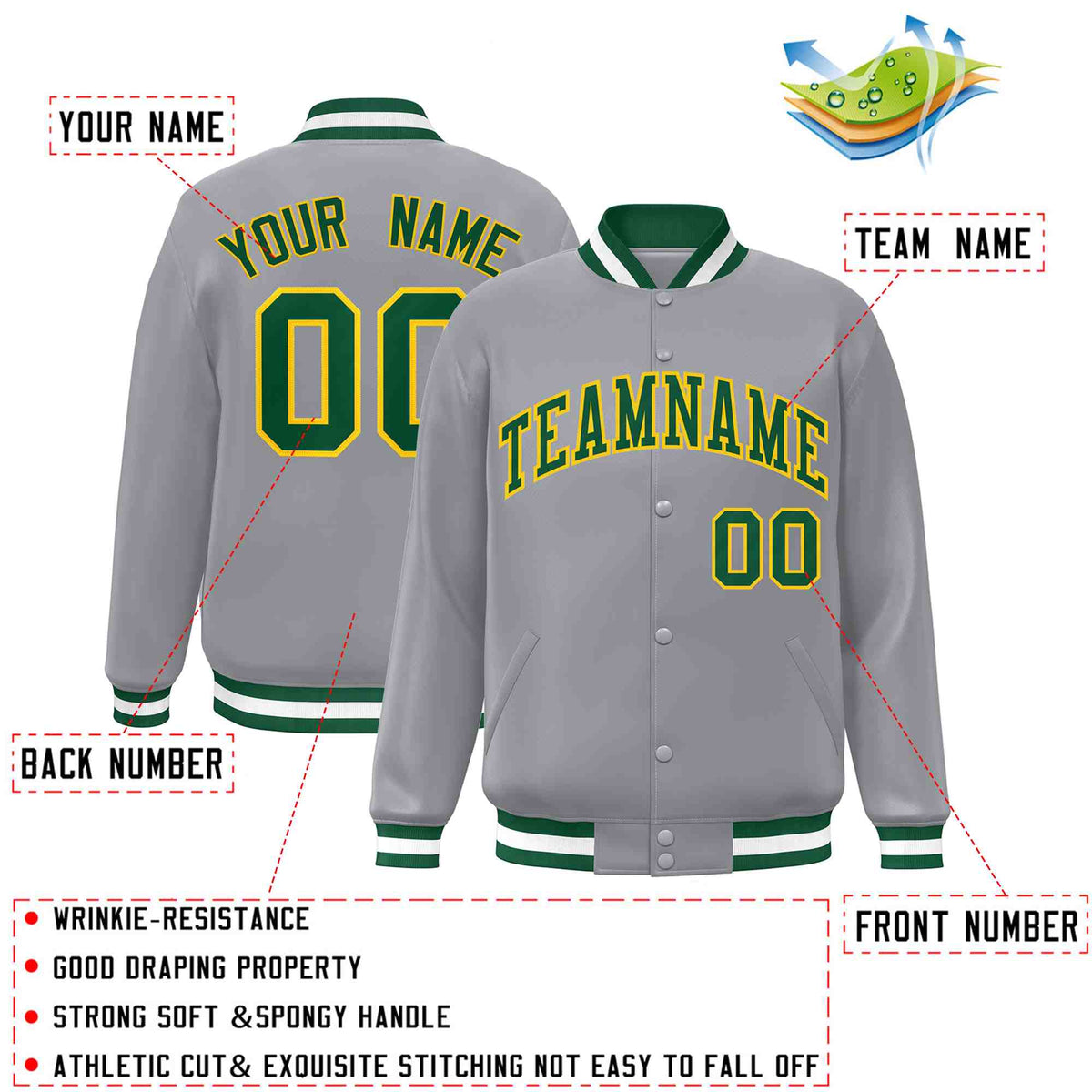 Custom Gray Green-Gold Classic Style Varsity Full-Snap Letterman Jacket