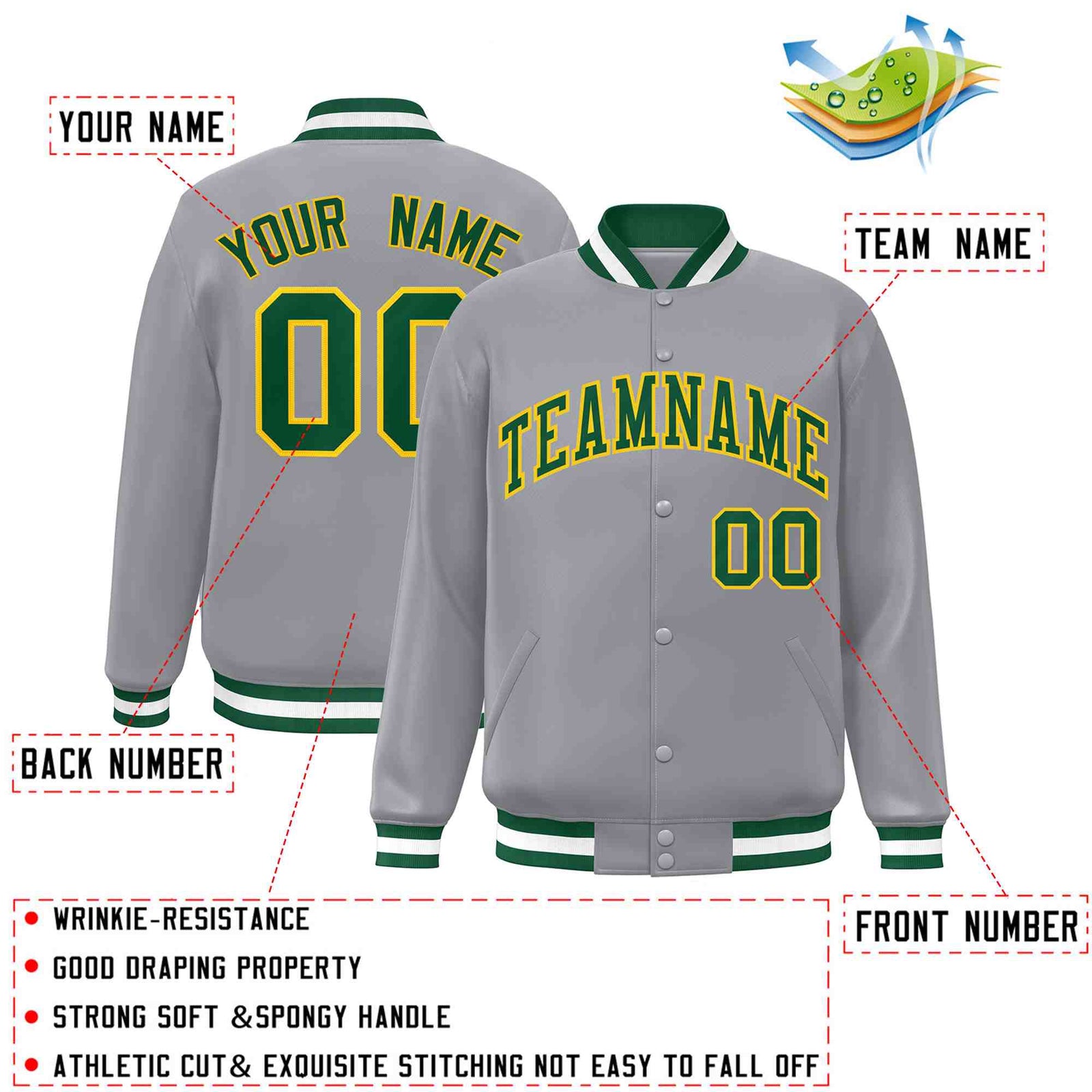 Custom Gray Green-Gold Classic Style Varsity Full-Snap Letterman Jacket
