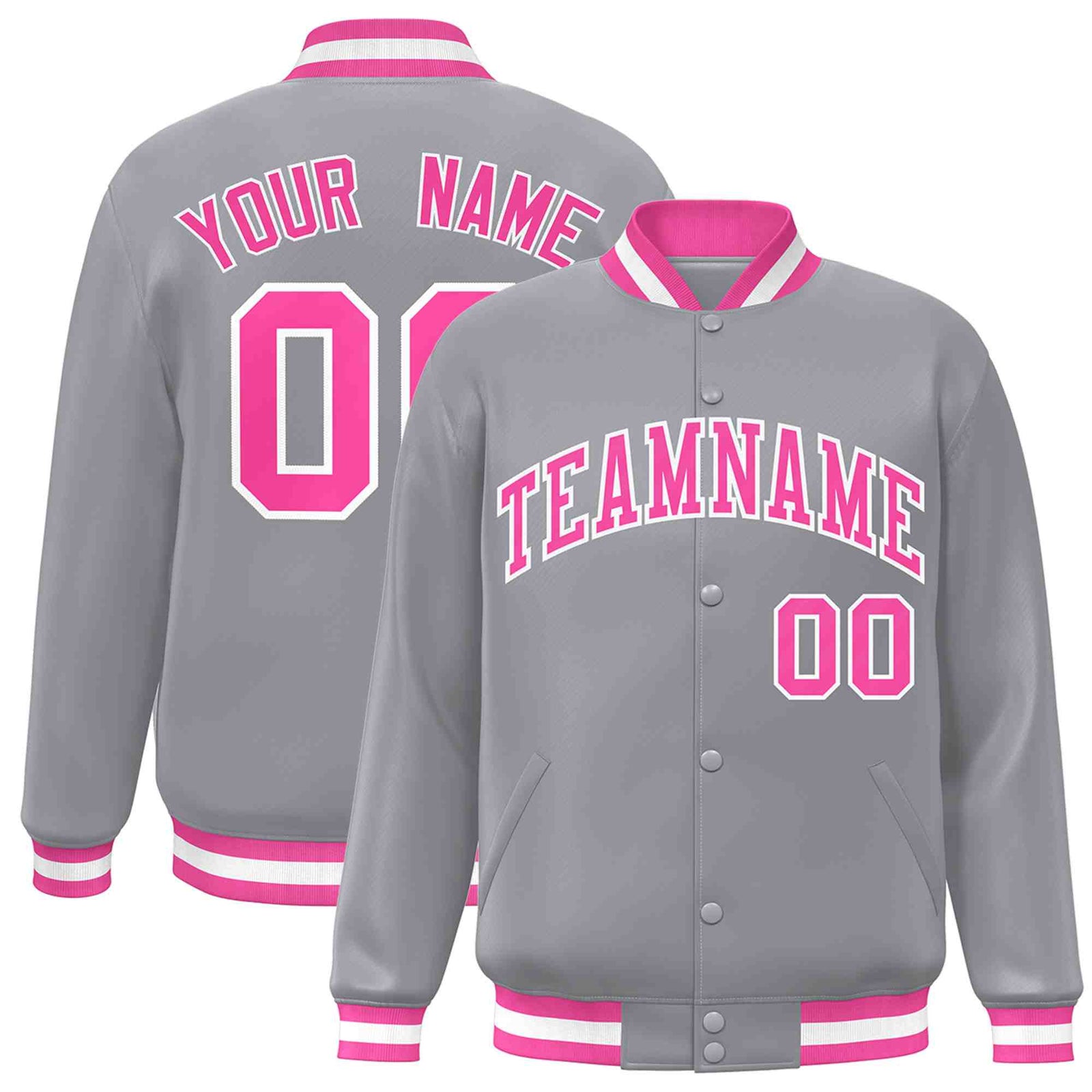 Custom Gray Pink-White Classic Style Varsity Full-Snap Letterman Jacket