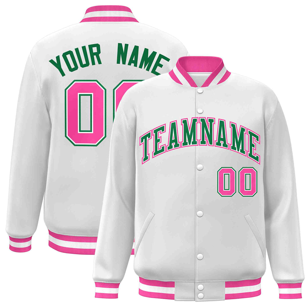 Custom White Green-White Classic Style Varsity Full-Snap Letterman Jacket