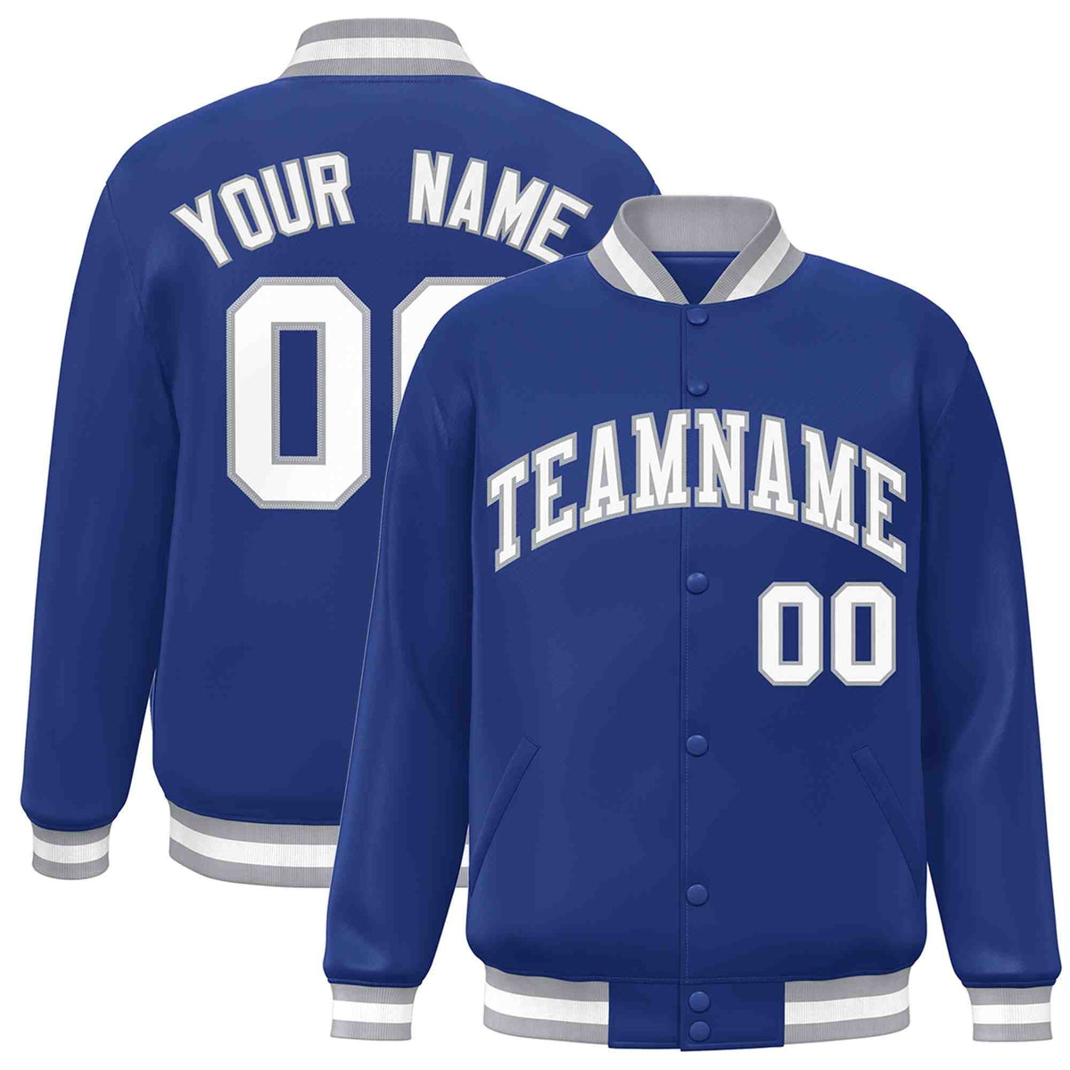 Custom Royal White-Gray Classic Style Varsity Full-Snap Letterman Jacket
