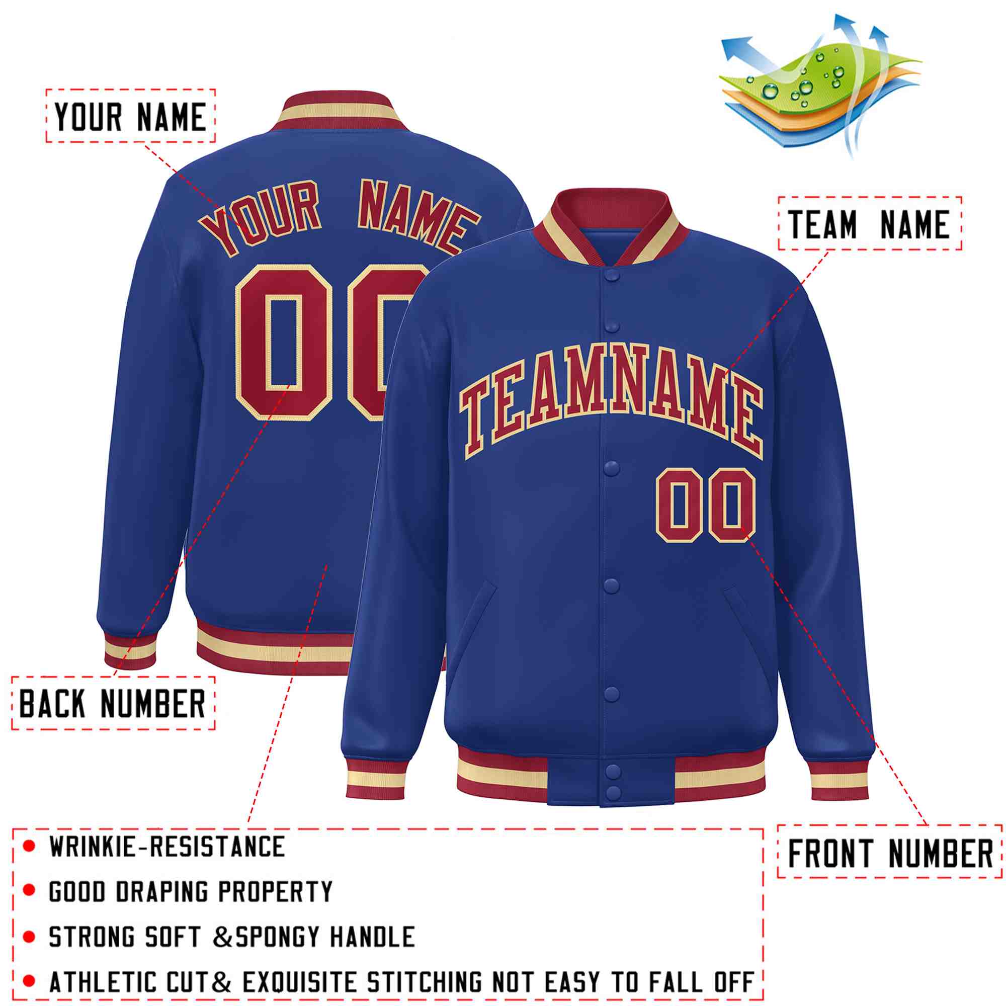 Custom Royal Crimson-Khaki Classic Style Varsity Full-Snap Letterman Jacket