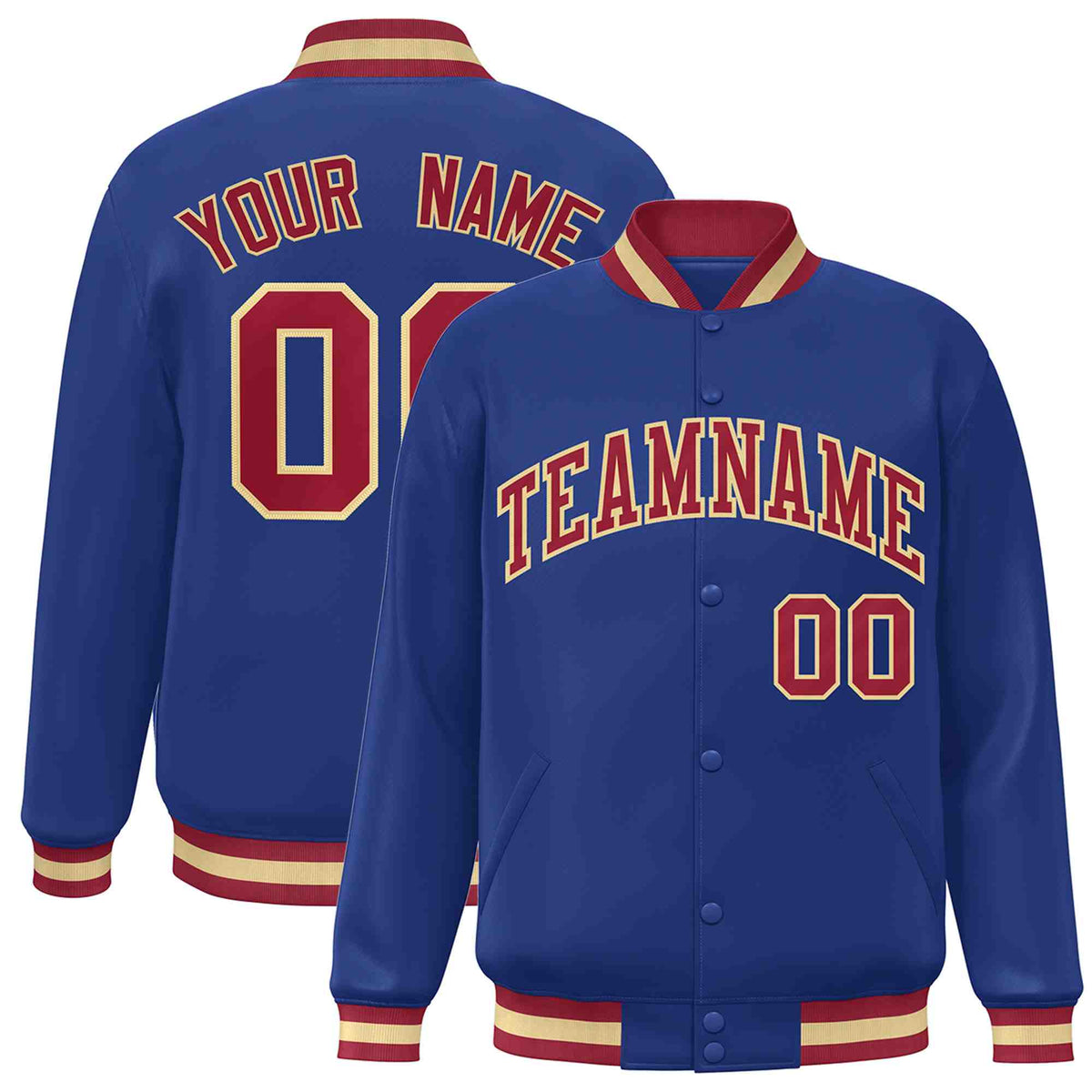 Custom Royal Crimson-Khaki Classic Style Varsity Full-Snap Letterman Jacket