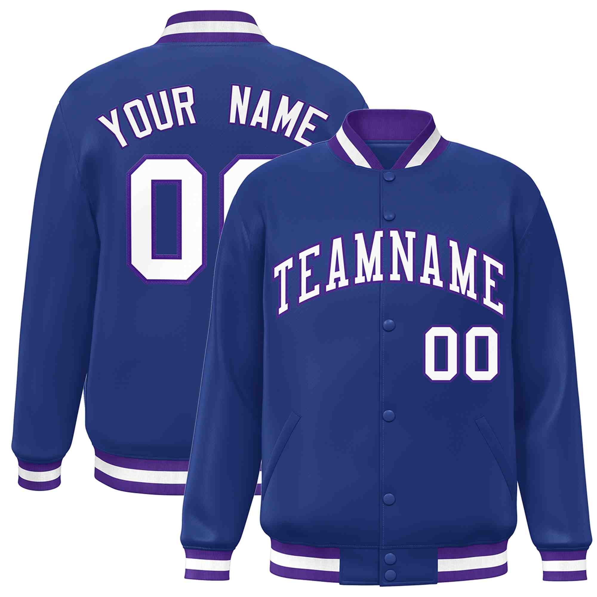 Custom Royal White-Purple Classic Style Varsity Full-Snap Letterman Jacket