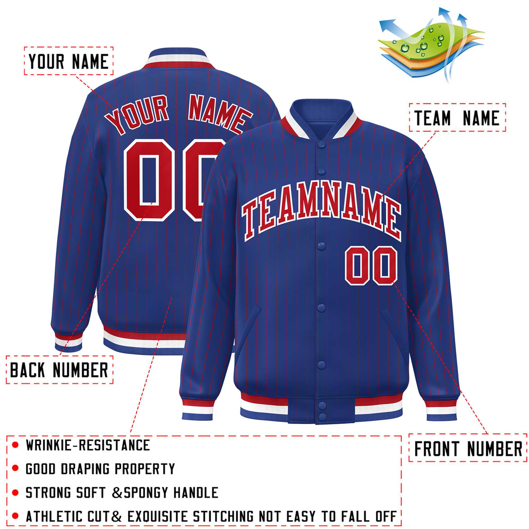 Custom Royal Red-White Stripe Fashion Letterman Bomber Varsity Jacket