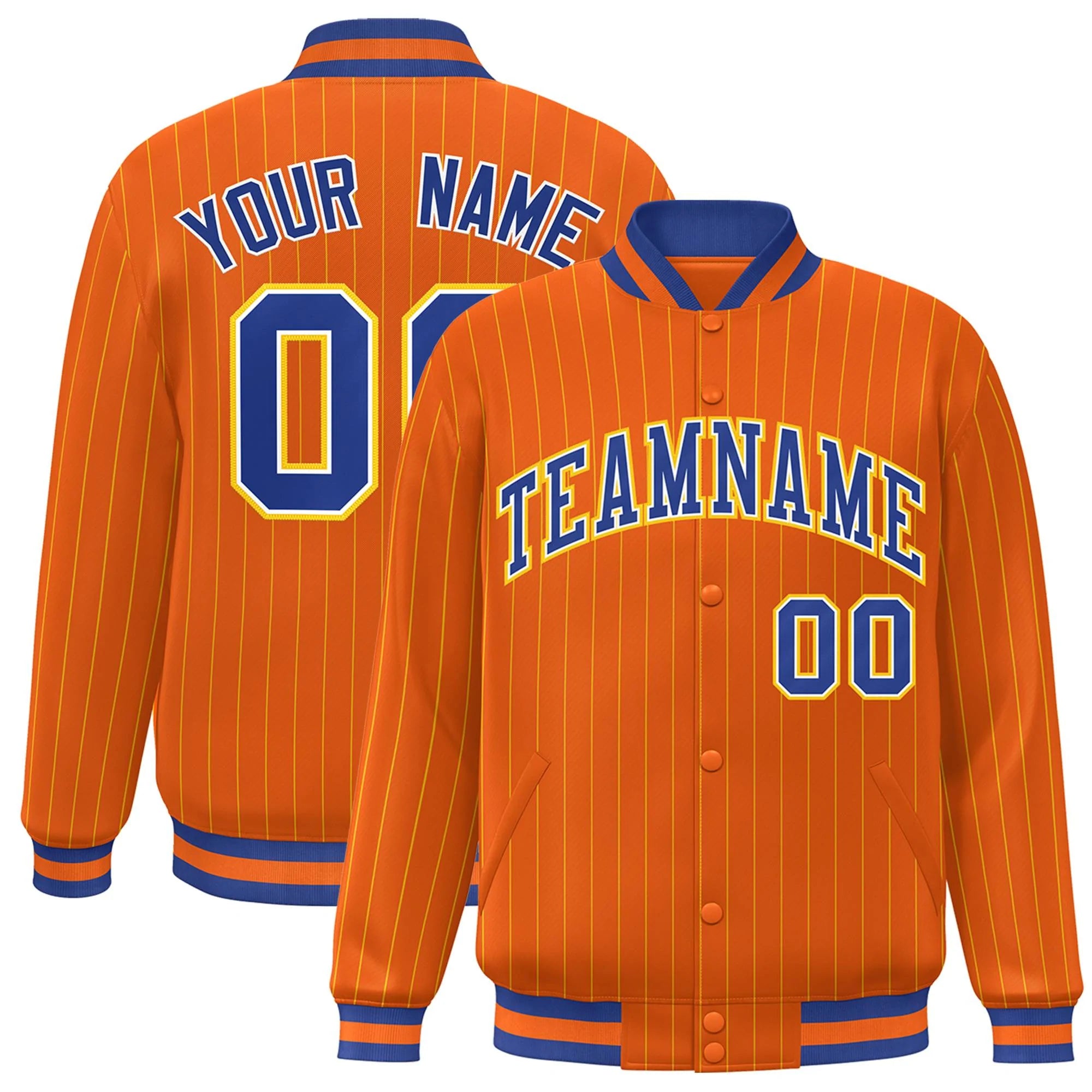 Custom Orange Royal-Gold Stripe Fashion Letterman Bomber Varsity Jacket