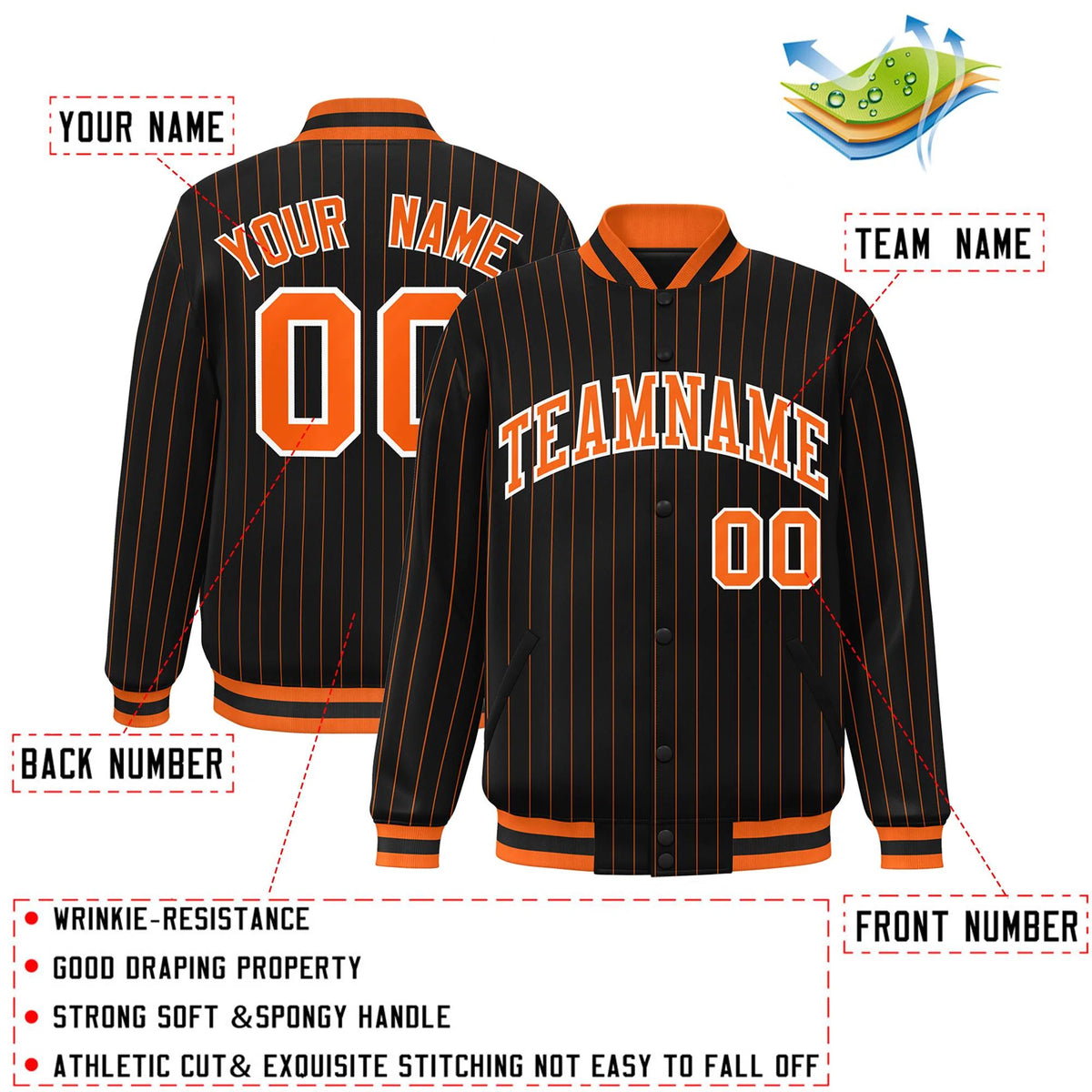 Custom Black Orange-White Stripe Fashion Letterman Bomber Varsity Jacket