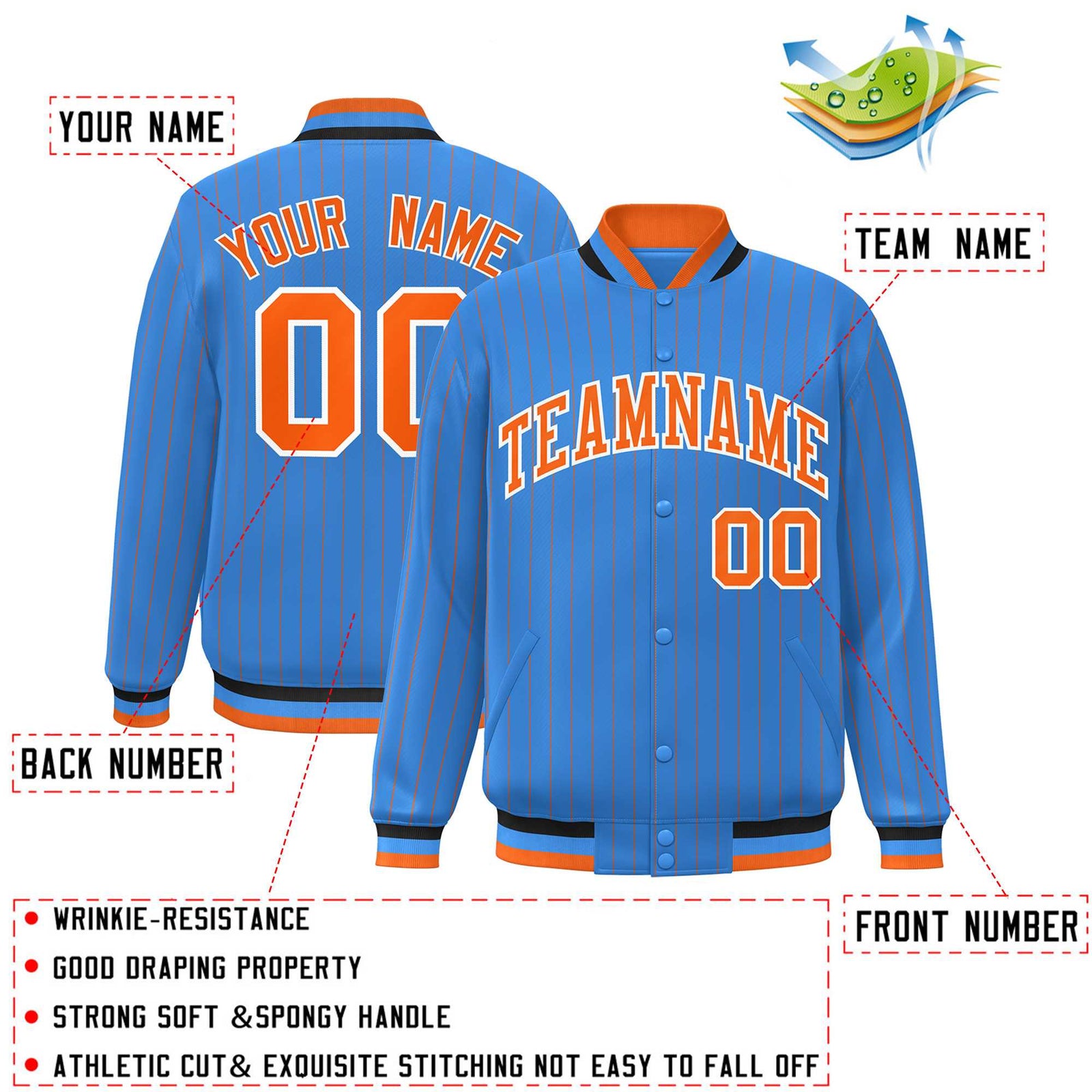 Custom Powder Blue Orange-White Stripe Fashion Letterman Bomber Varsity Jacket