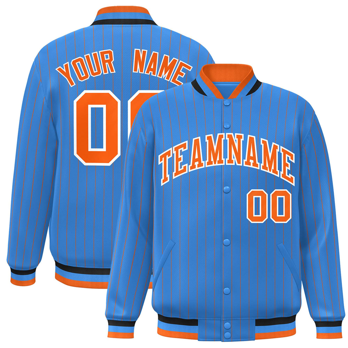 Custom Powder Blue Orange-White Stripe Fashion Letterman Bomber Varsity Jacket