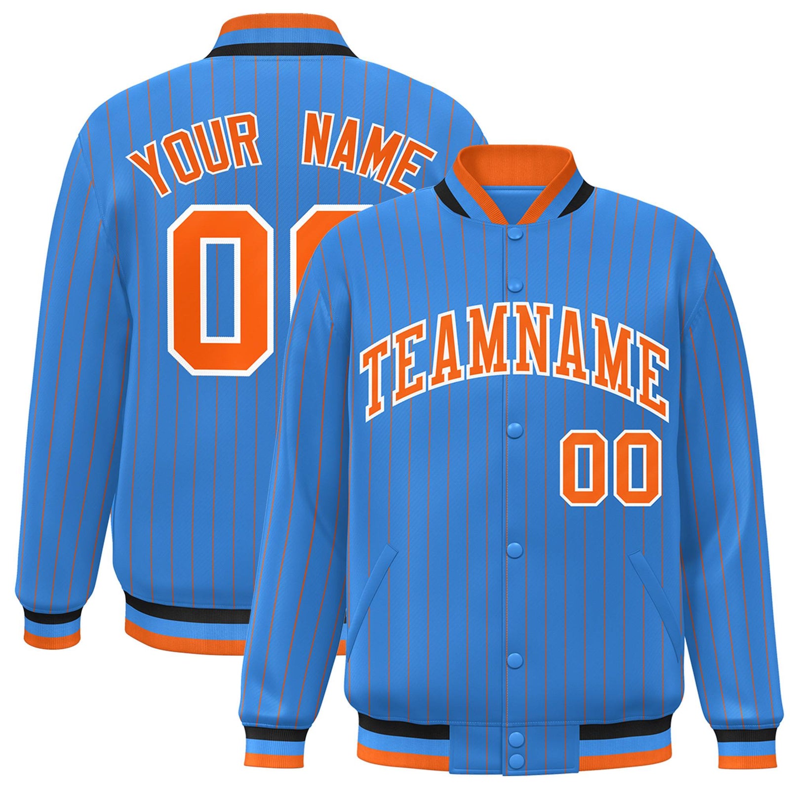 Custom Powder Blue Orange-White Stripe Fashion Letterman Bomber Varsity Jacket