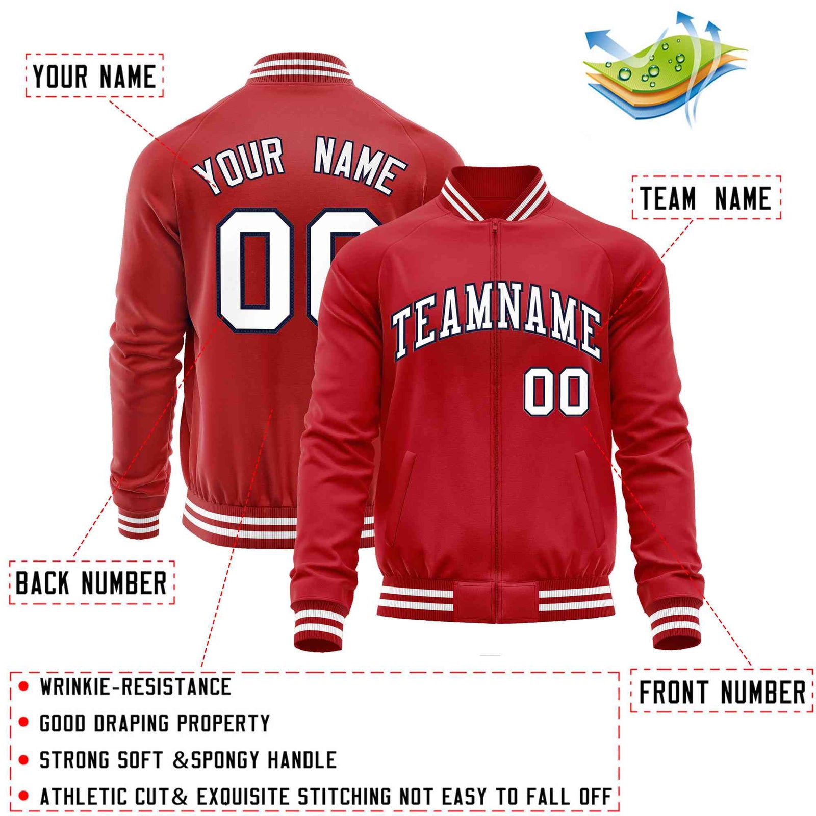 Custom Red White Classic Style Varsity Full-Zip Letterman Baseball Jacket