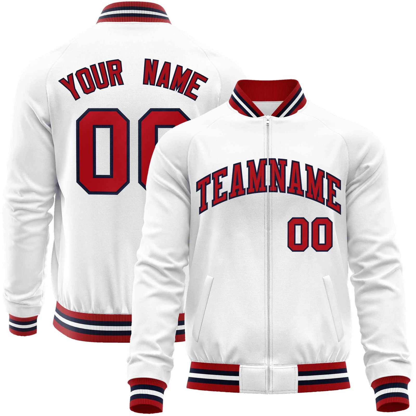 Custom White Red Classic Style Varsity Full-Zip Letterman Baseball Jacket