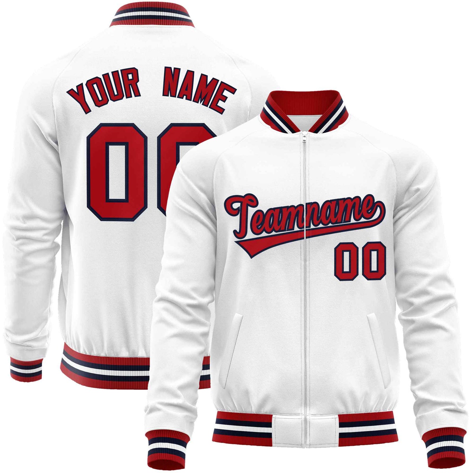 Custom White Red Classic Style Varsity Full-Zip Letterman Baseball Jacket