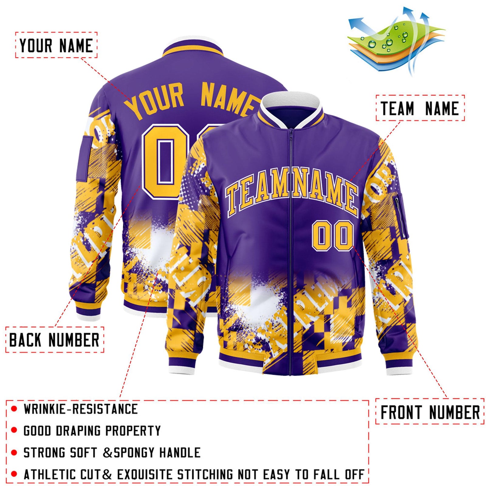 Custom Purple Yellow-White Varsity Full-Zip Street Graffiti Pattern Letterman Jacket