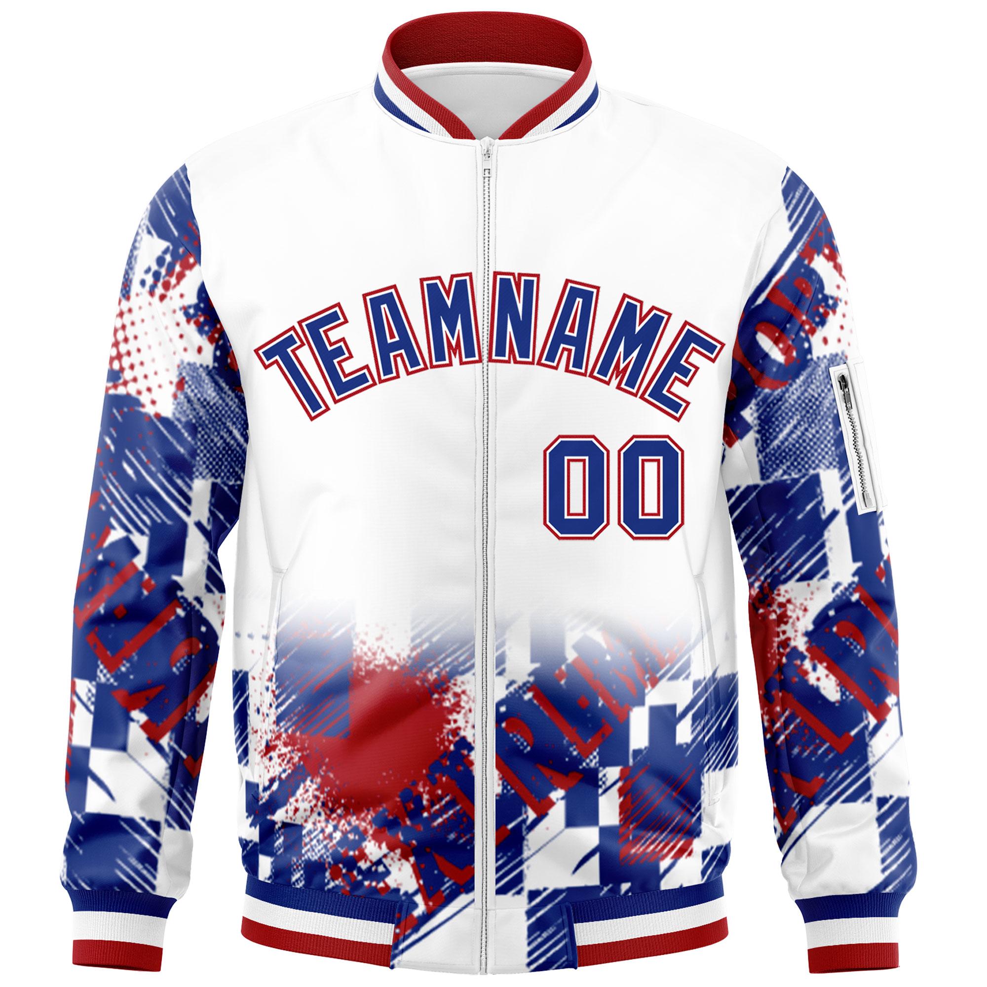 Custom White Royal-Red Varsity Full-Zip Street Graffiti Pattern Letterman Jacket