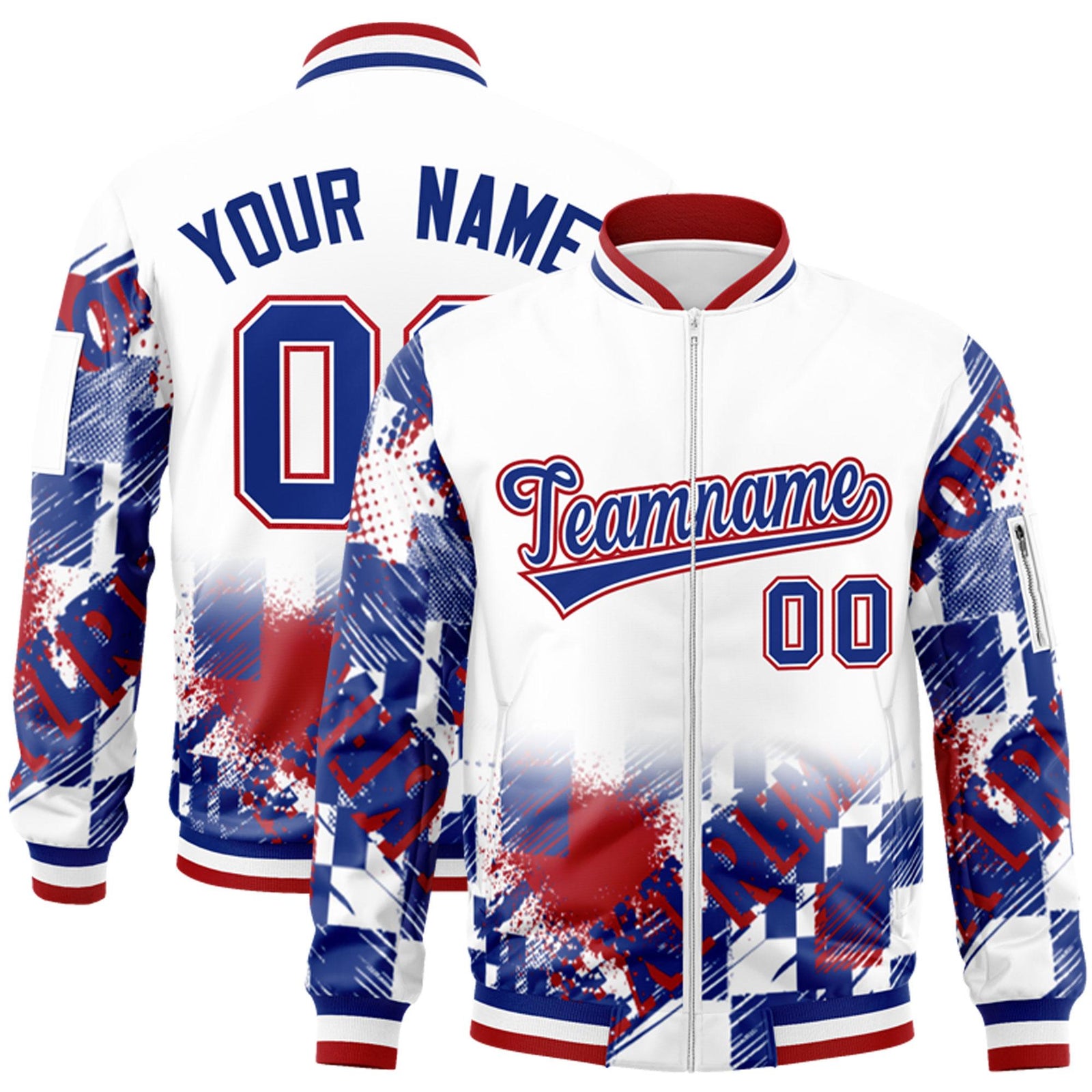 Custom White Royal-Red Varsity Full-Zip Street Graffiti Pattern Letterman Jacket