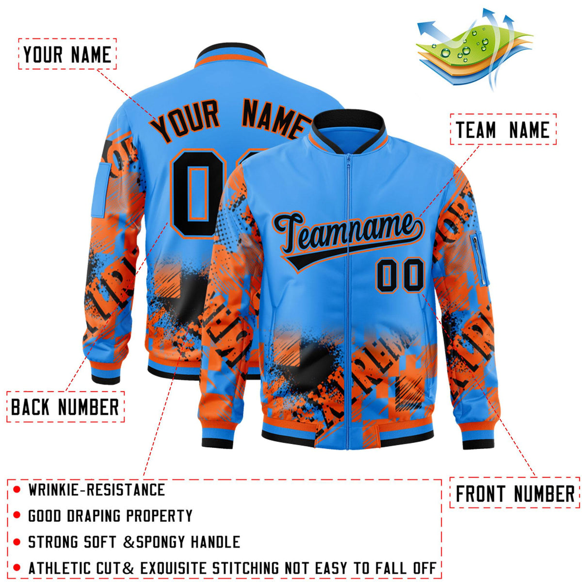 Custom Powder Blue Black-Orange Varsity Full-Zip Street Graffiti Pattern Letterman Jacket
