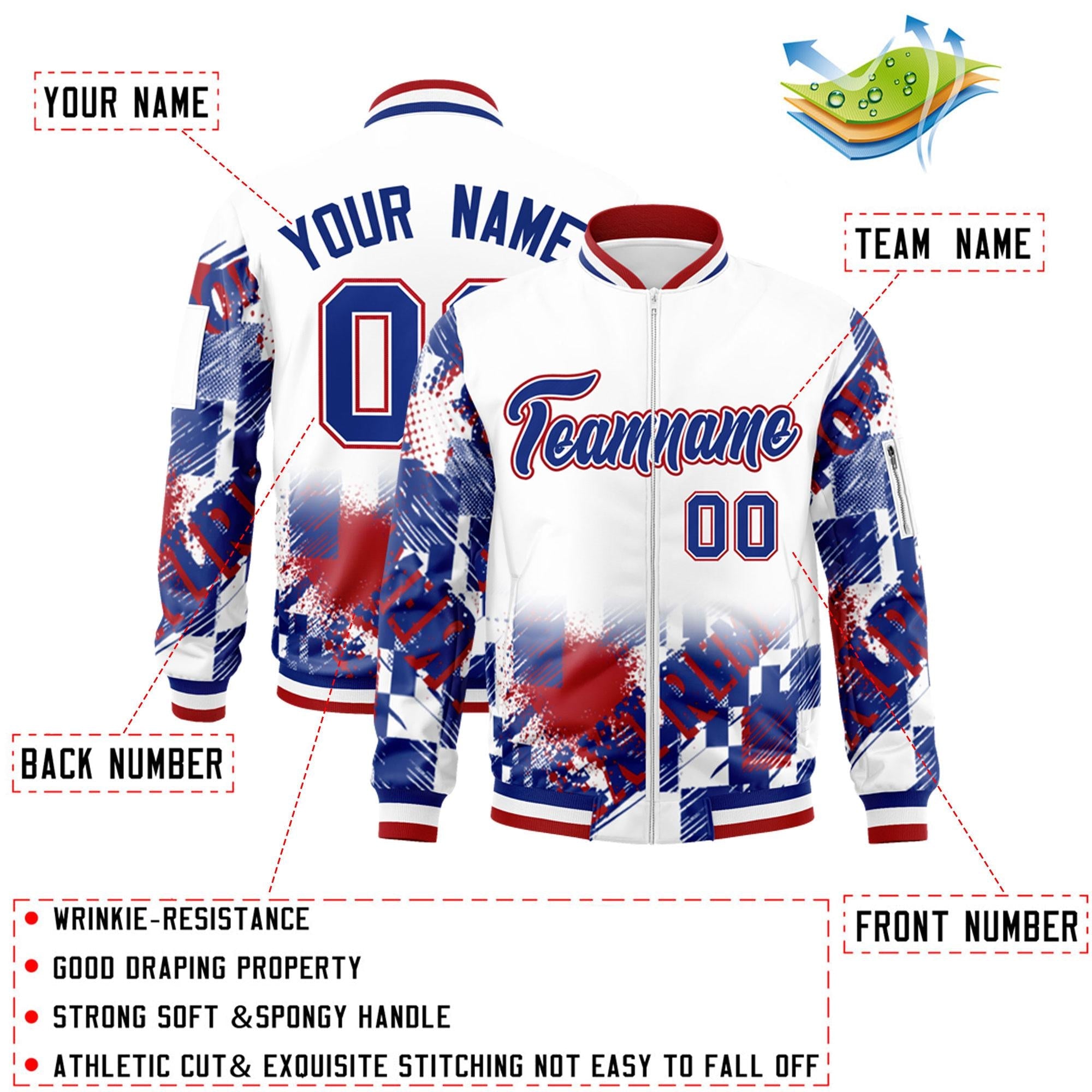Custom White Royal-Red Varsity Full-Zip Street Graffiti Pattern Letterman Jacket