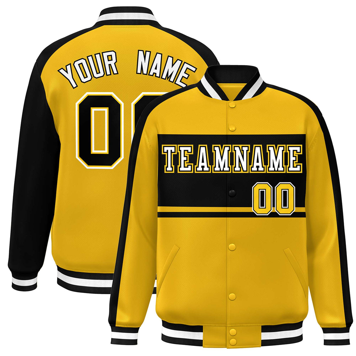 Custom Gold Black-White Color Block Bomber Varsity Baseball Jacket