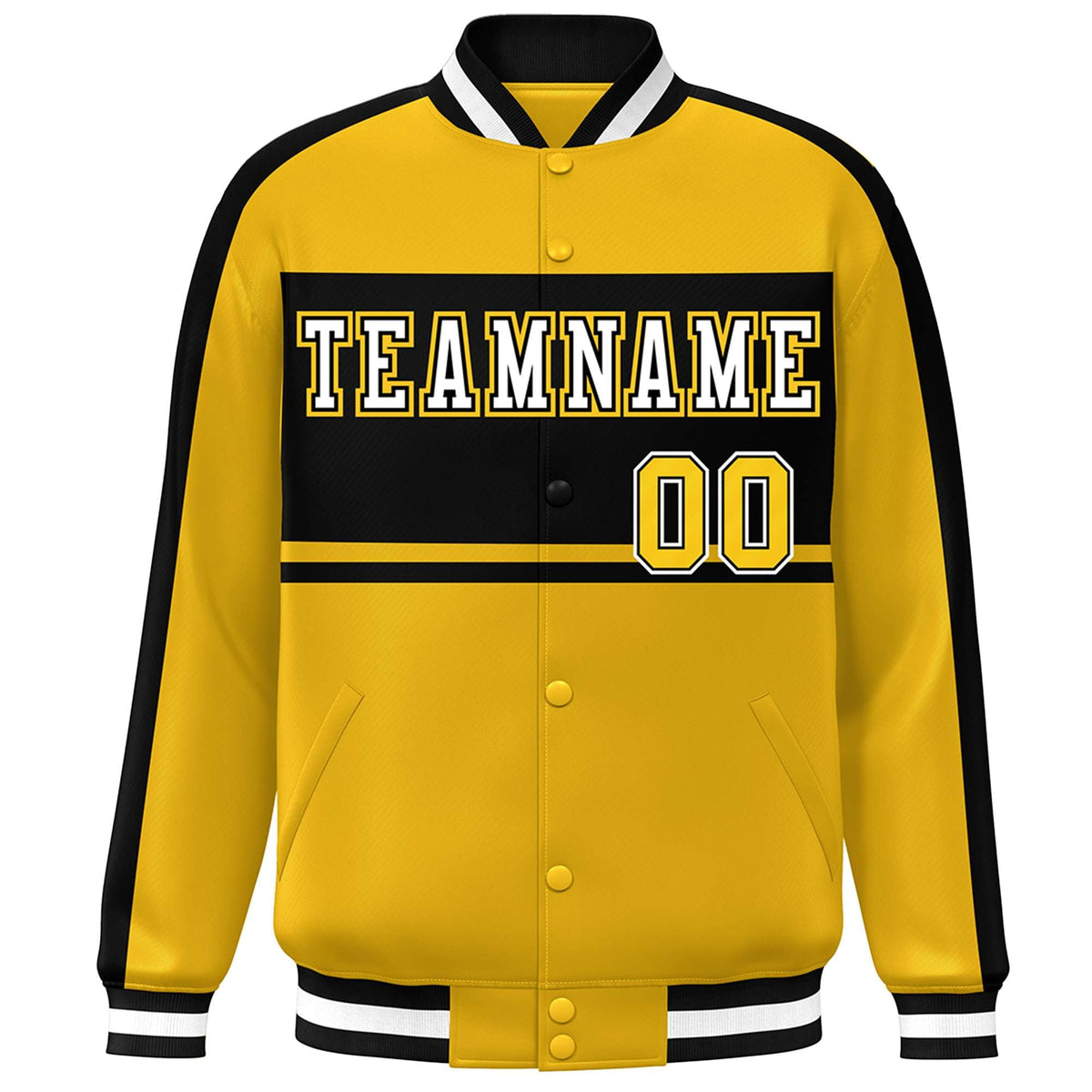 Custom Gold Black-White Color Block Bomber Varsity Baseball Jacket